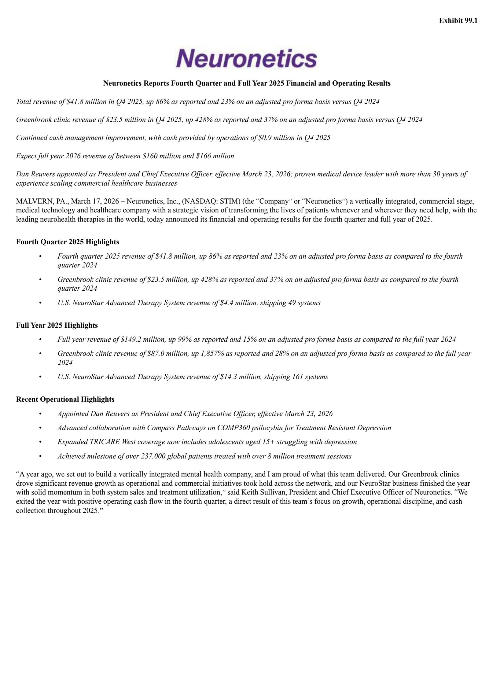 Neuronetics' Q4 2025 Press Release