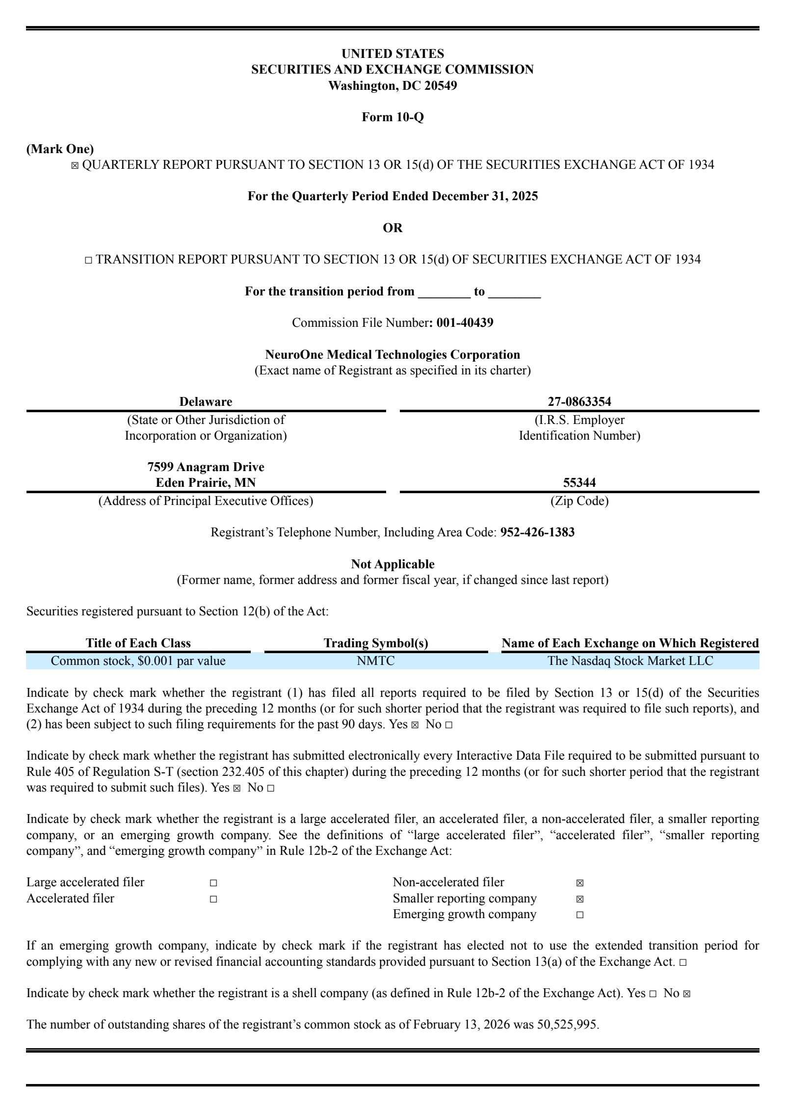 NeuroOne Medical Technologies' Q1 2026 Quarterly report