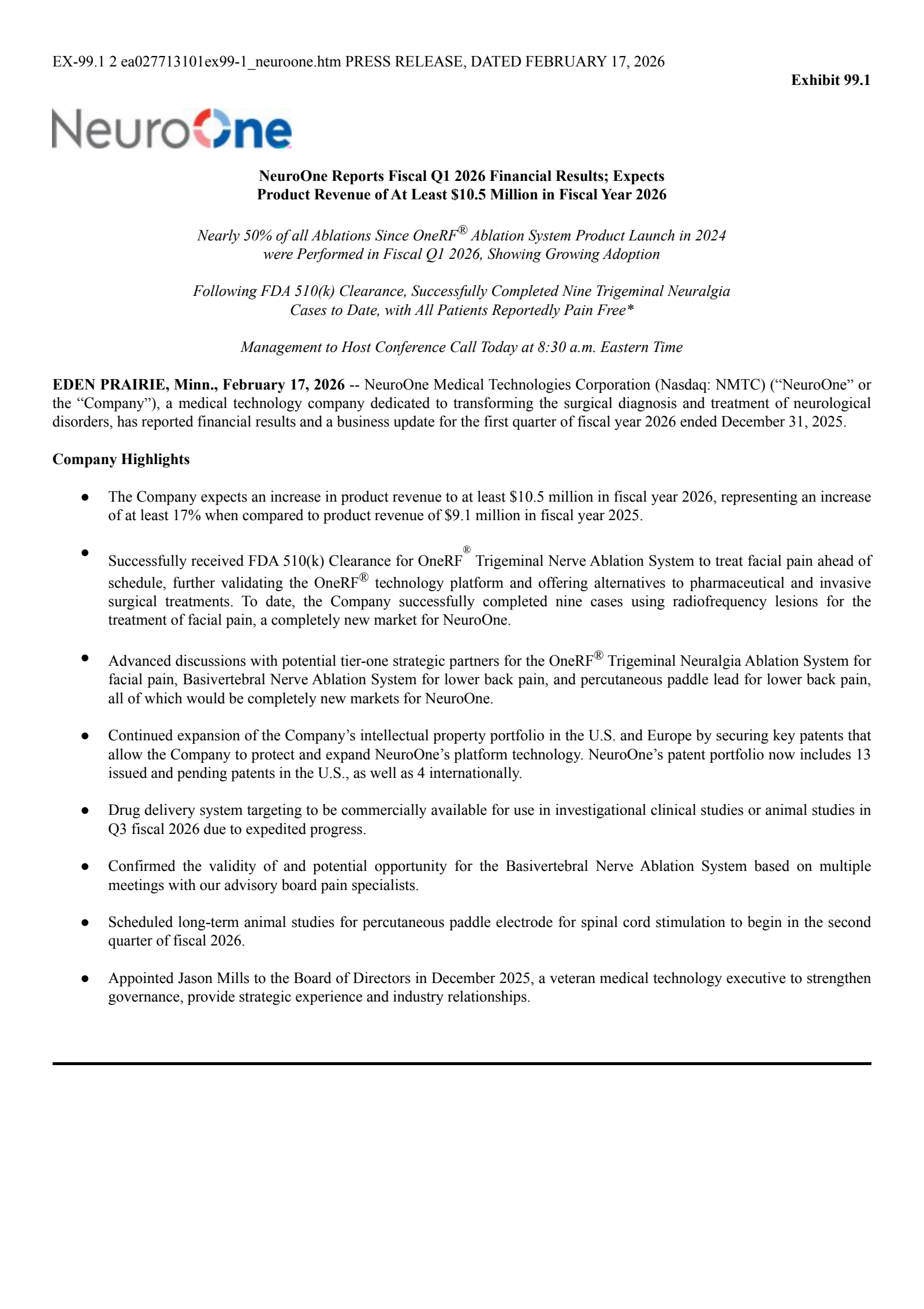 NeuroOne Medical Technologies' Q1 2026 Press Release