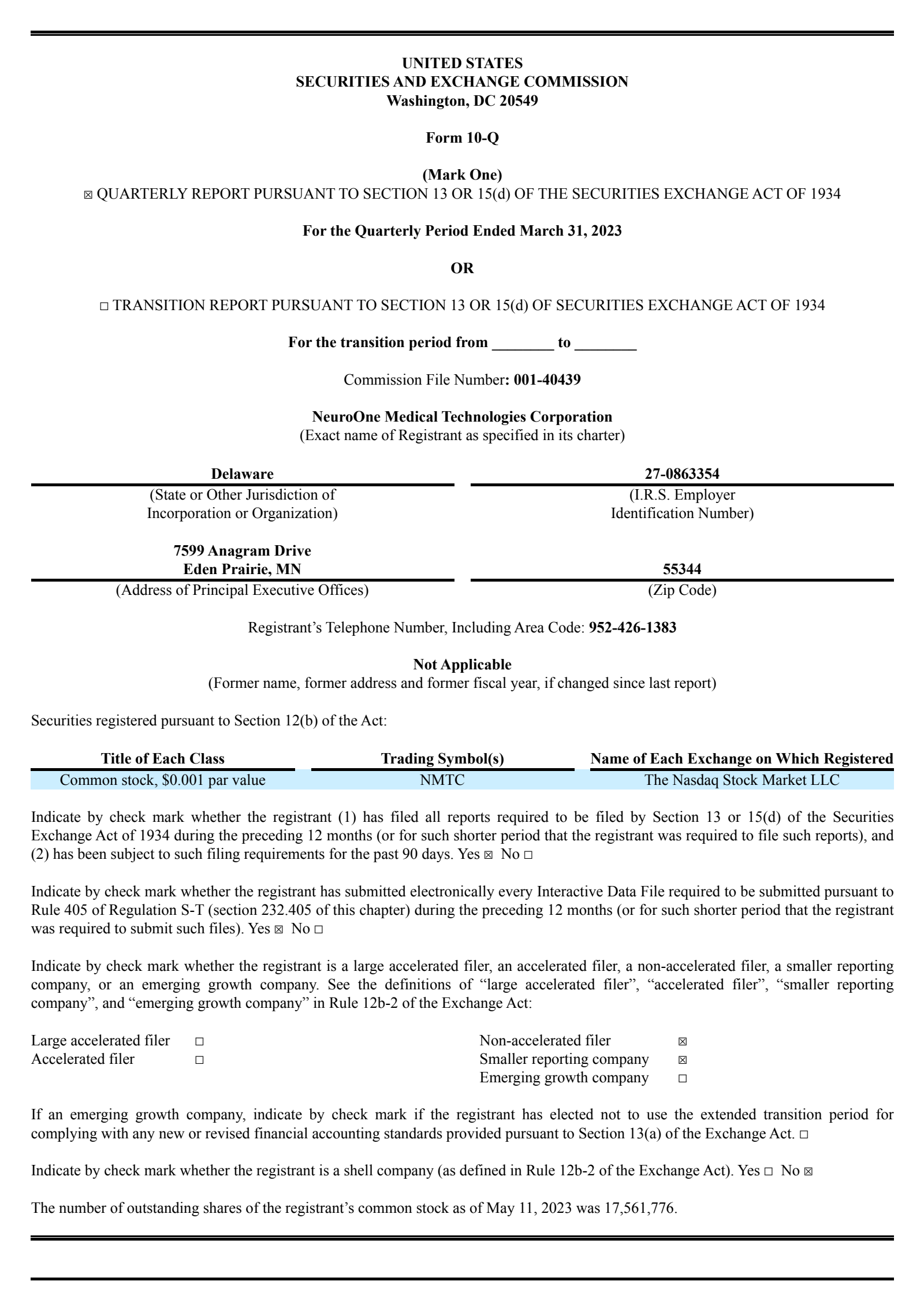 NeuroOne Medical Technologies' Q2 2023 Quarterly report