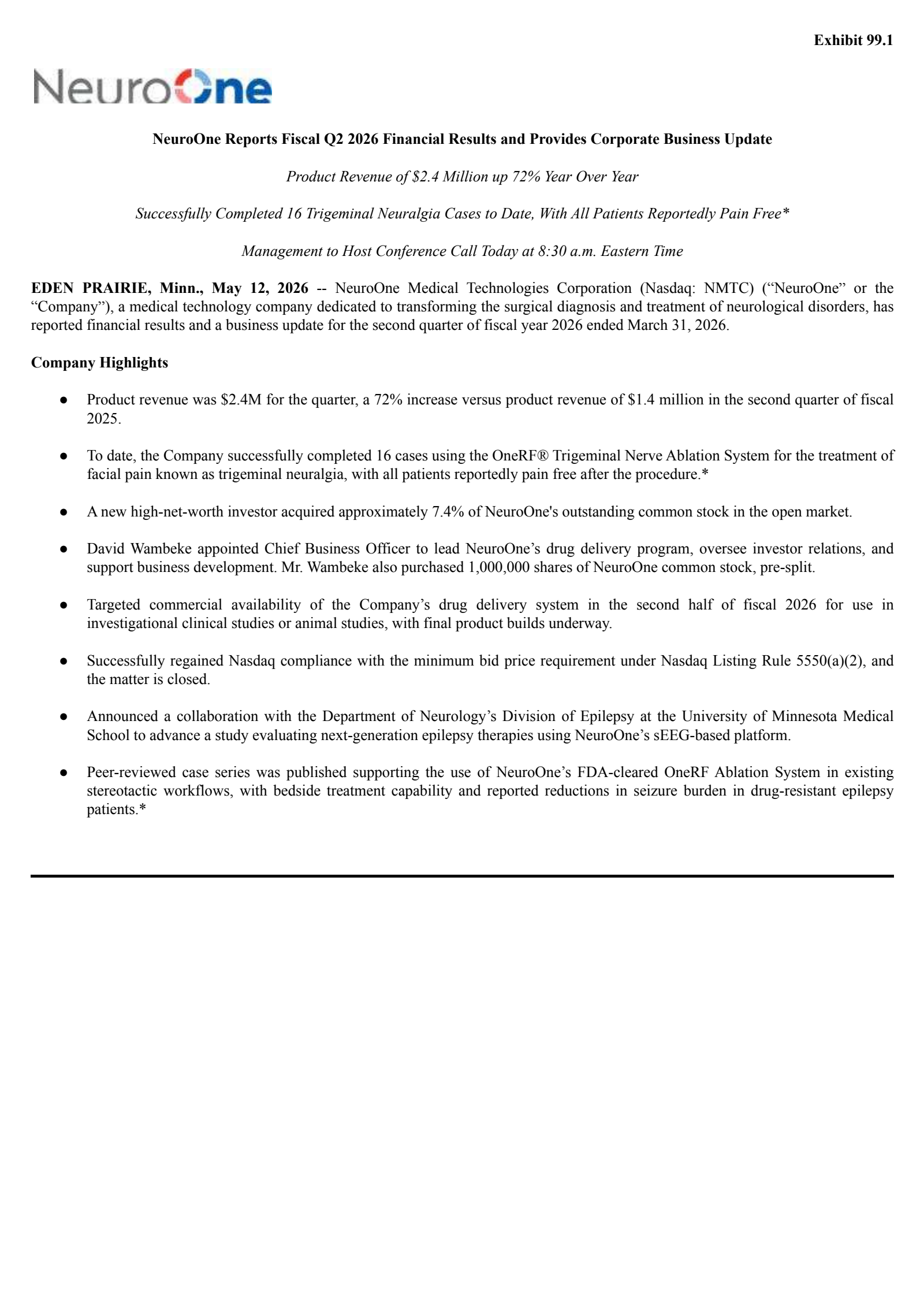 NeuroOne Medical Technologies' Q2 2026 Press Release