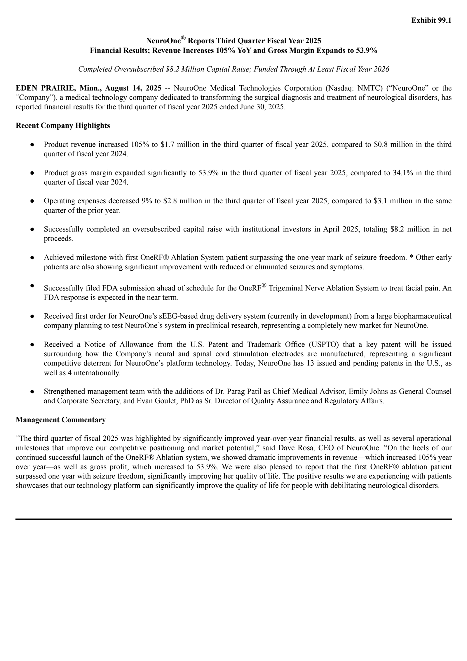 NeuroOne Medical Technologies' Q3 2025 Press Release