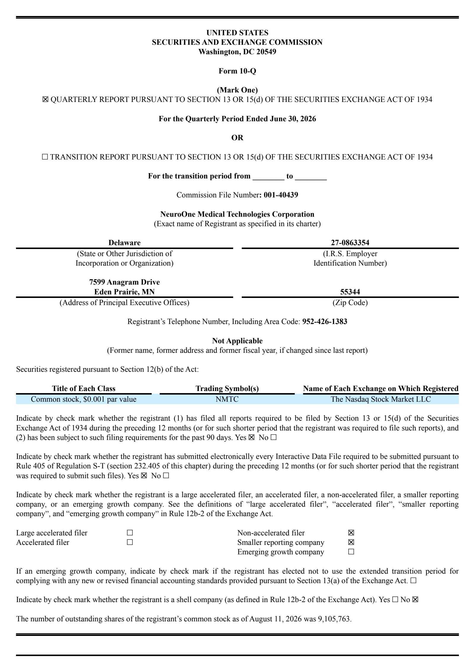 NeuroOne Medical Technologies' Q3 2026 Quarterly report