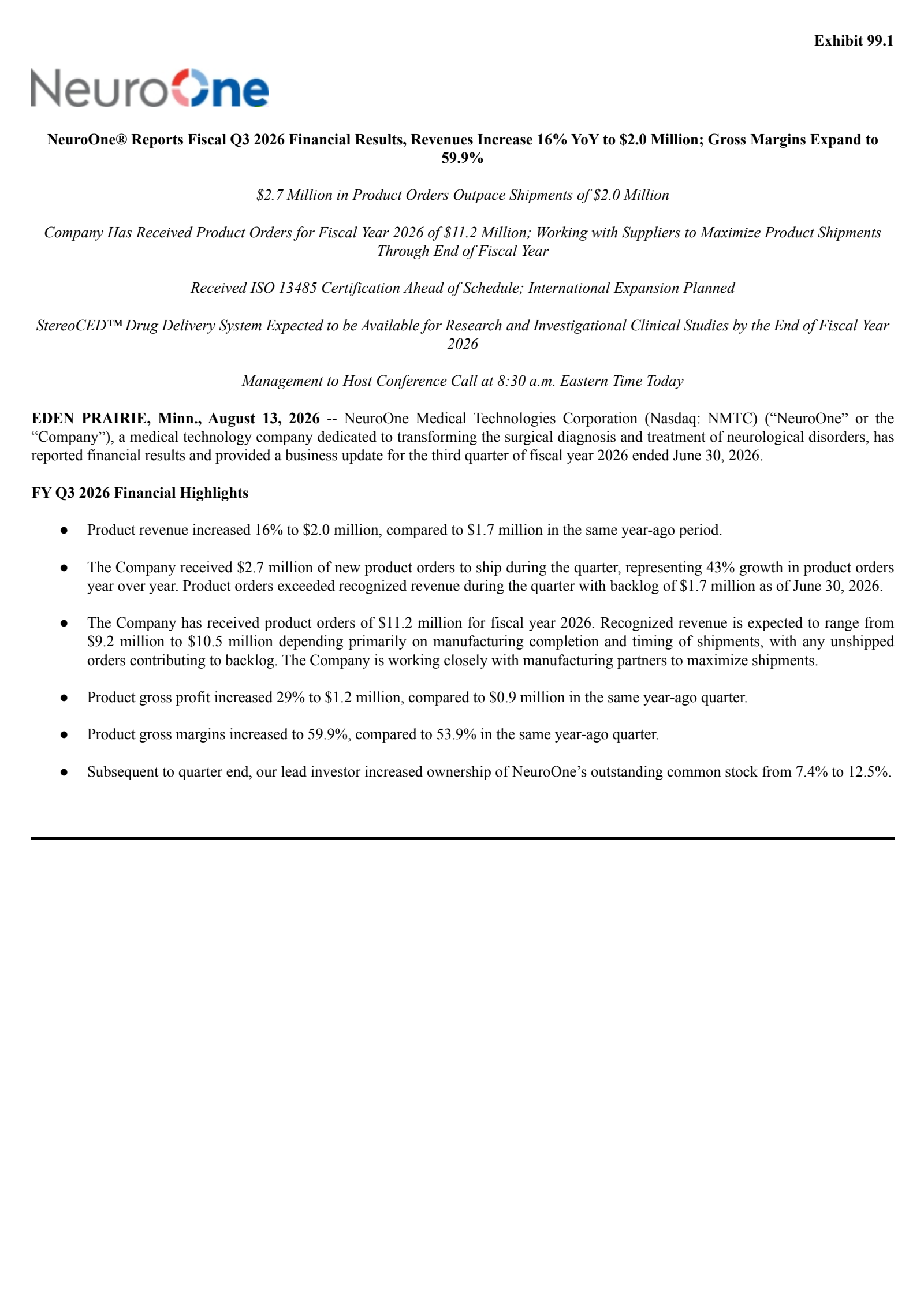NeuroOne Medical Technologies' Q3 2026 Press Release