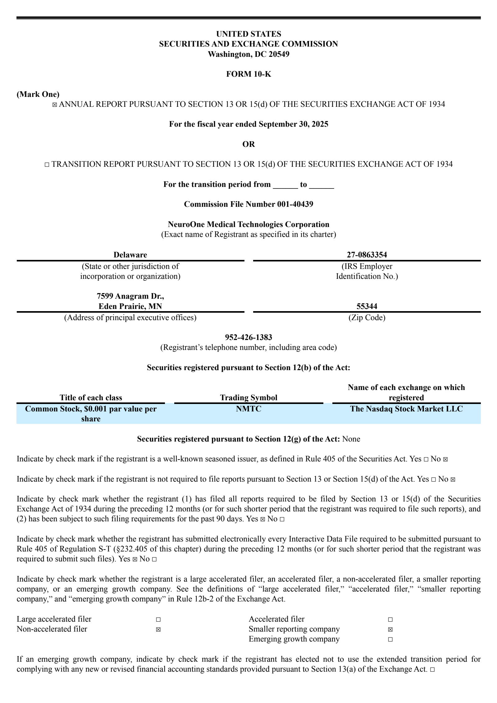 NeuroOne Medical Technologies' Q4 2025 Annual Report