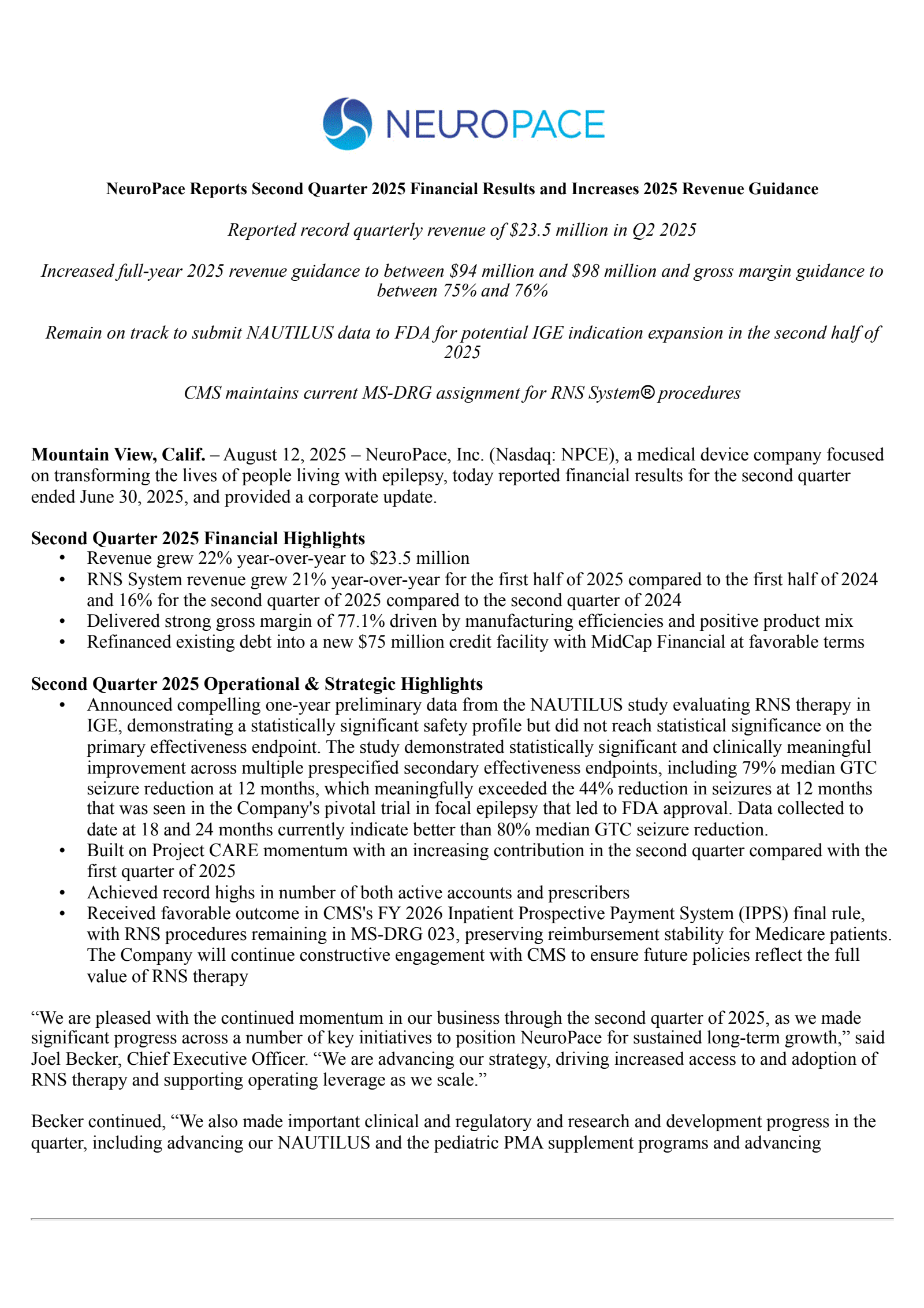 NeuroPace's Q2 2025 Press Release