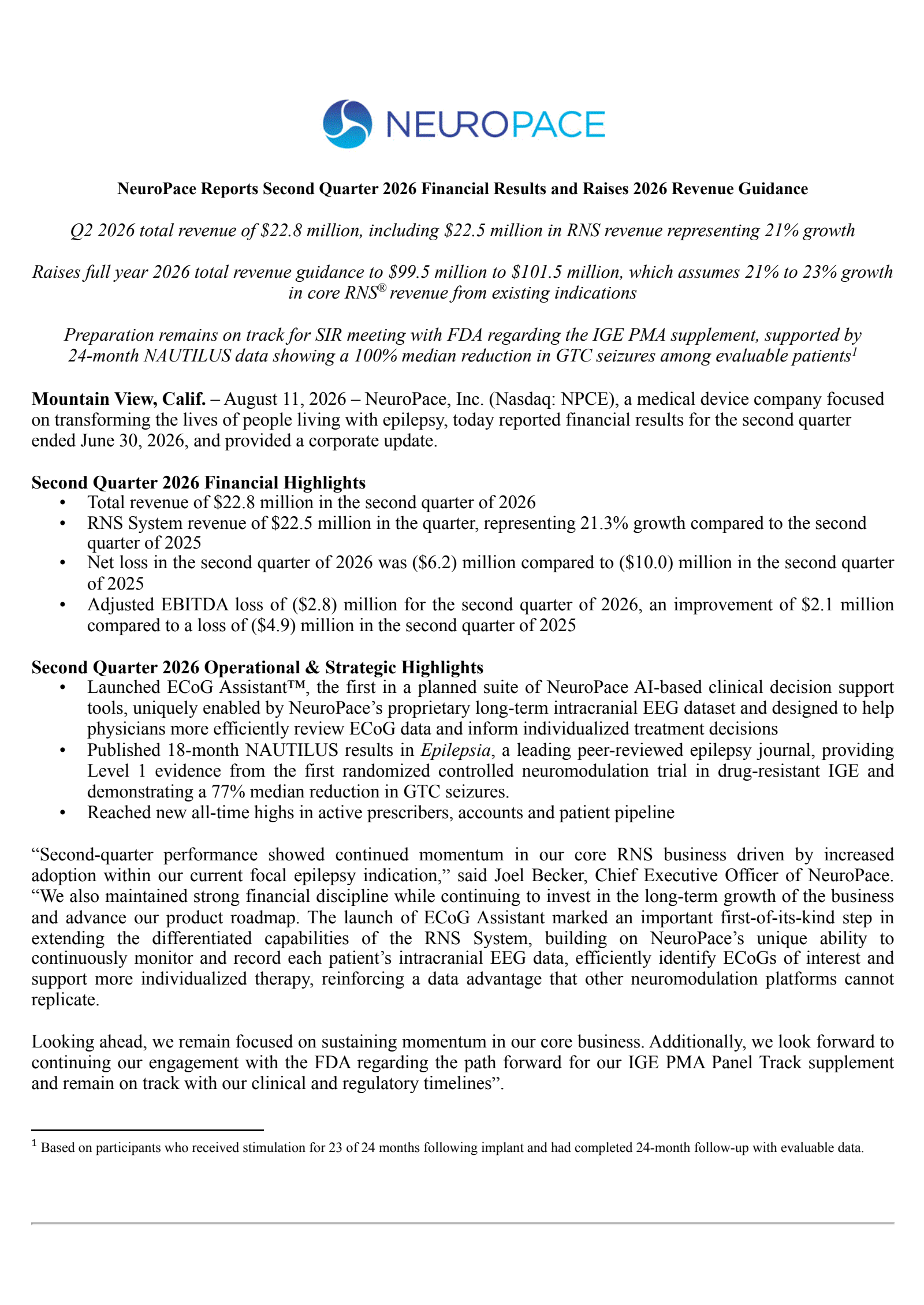 NeuroPace's Q2 2026 Press Release