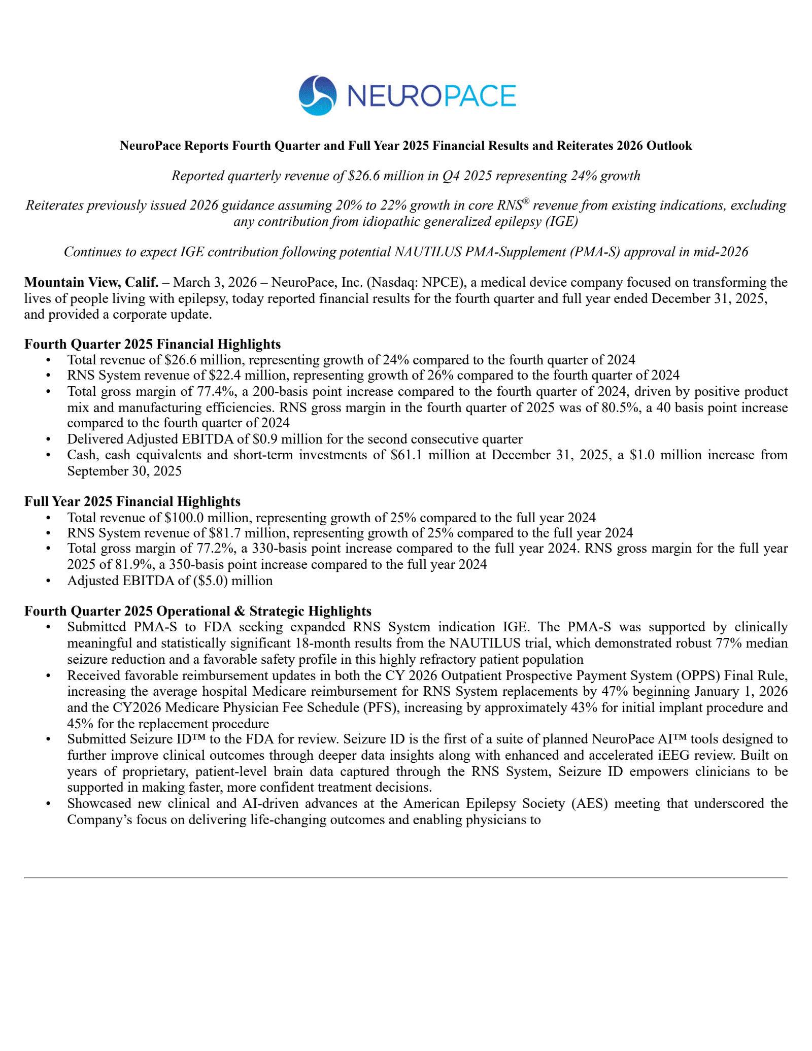 NeuroPace's Q4 2025 Press Release