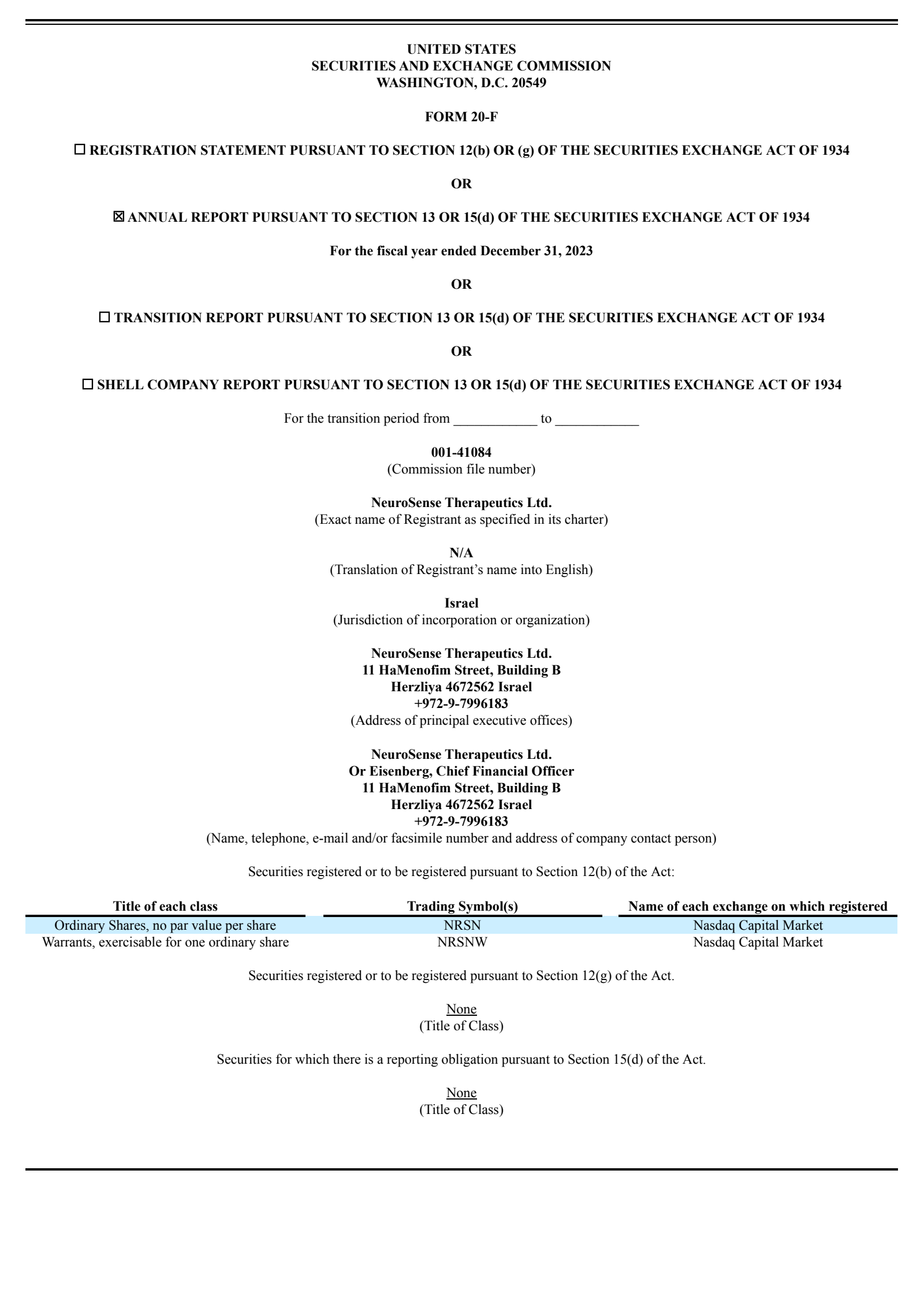 NeuroSense Therapeutics' Q4 2023 Annual Report