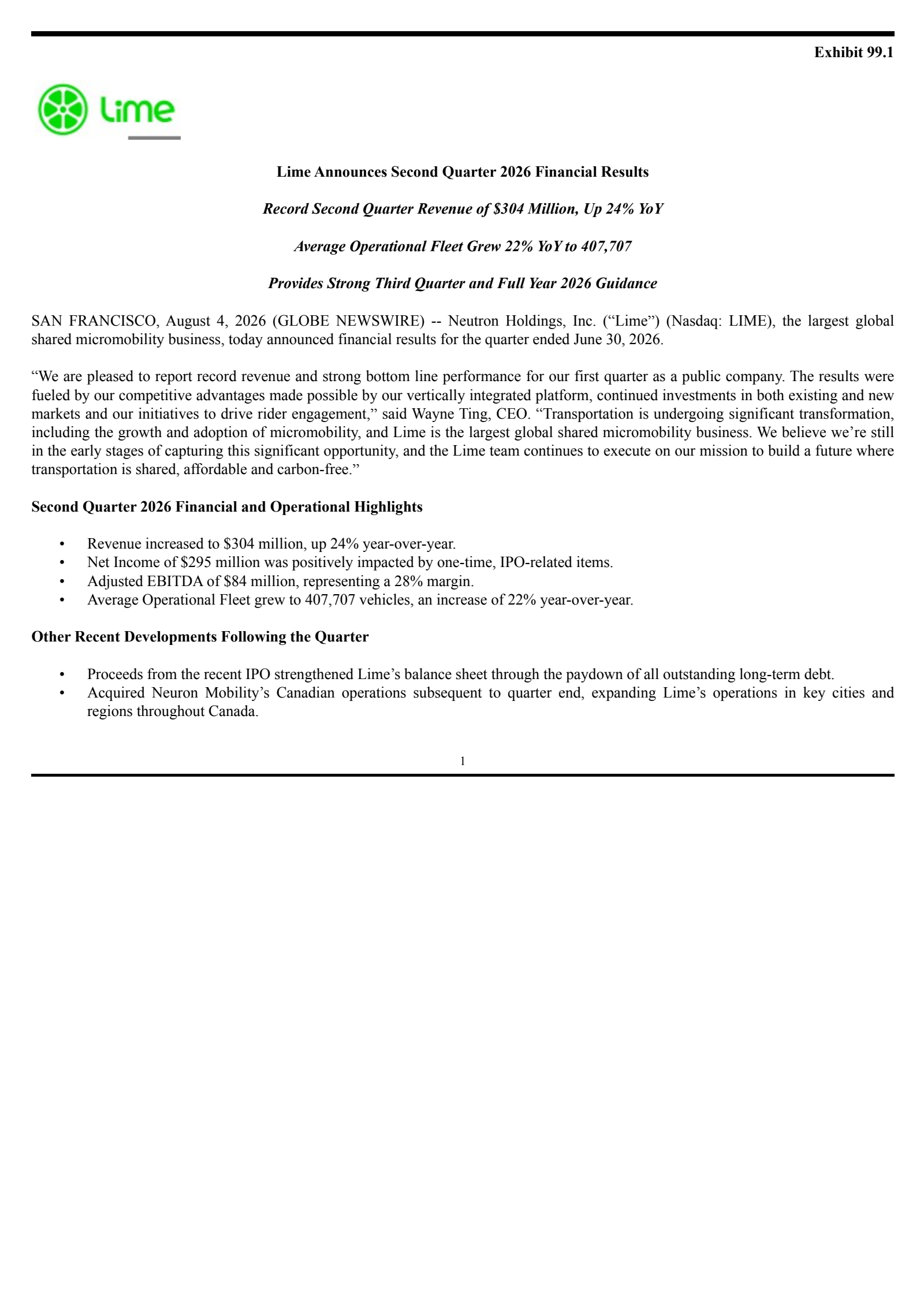 Neutron's Q2 2026 Press Release