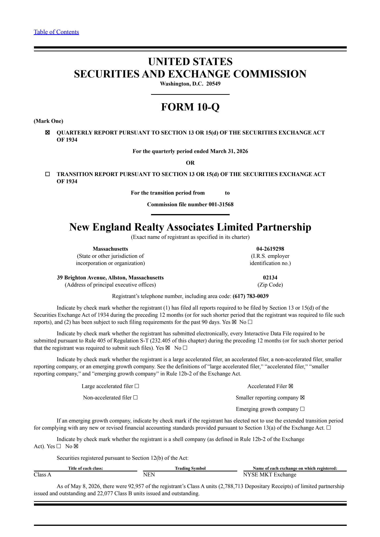 New England Realty Associates Limited Partnership's Q1 2026 Quarterly report