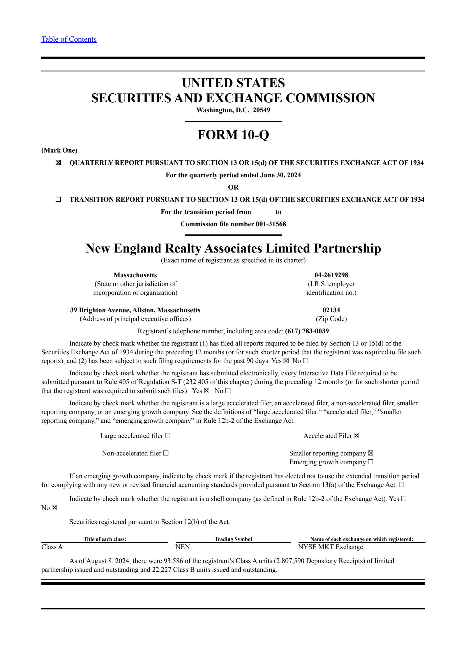 New England Realty Associates Limited Partnership's Q2 2024 Quarterly report