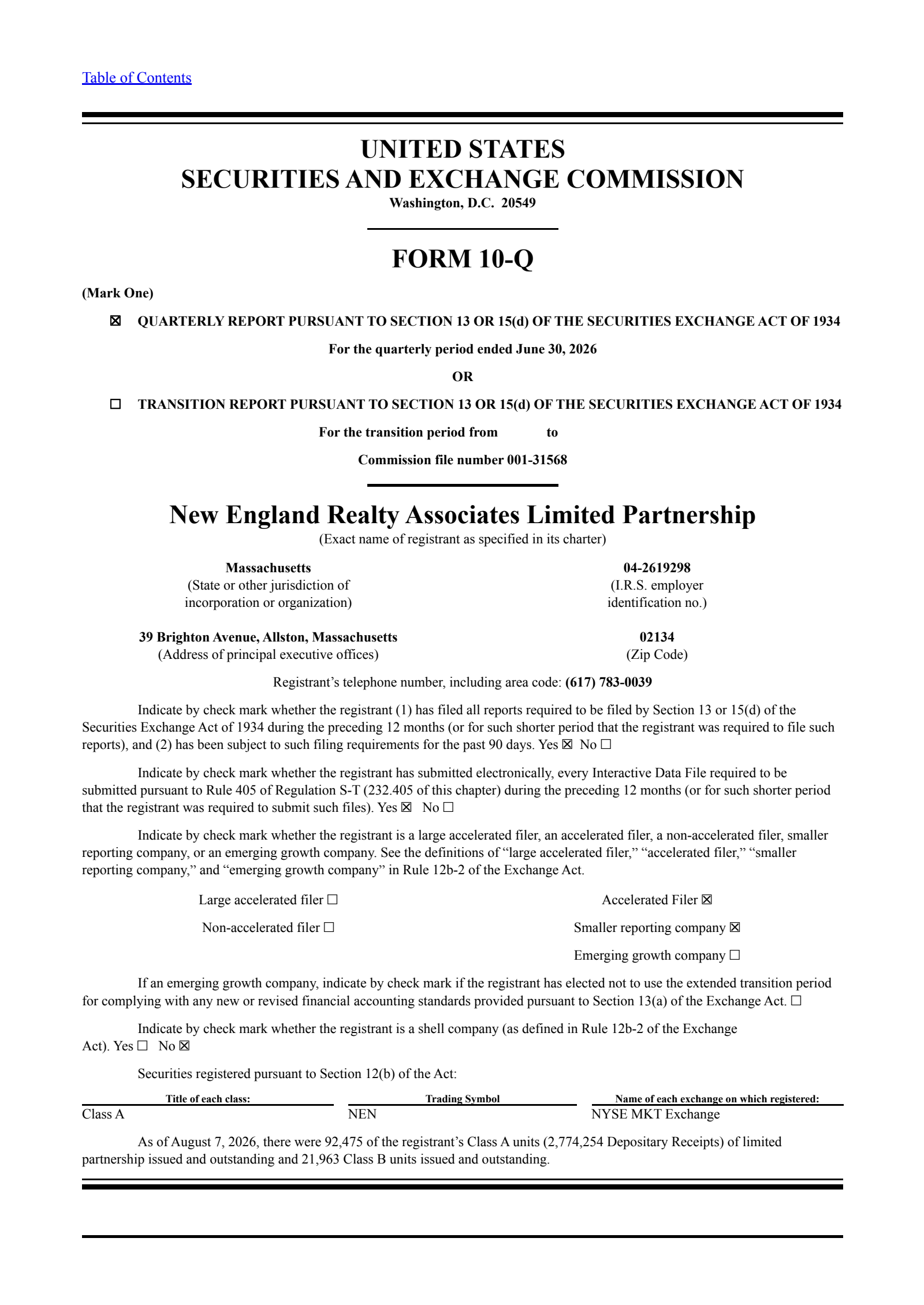 New England Realty Associates Limited Partnership's Q2 2026 Quarterly report