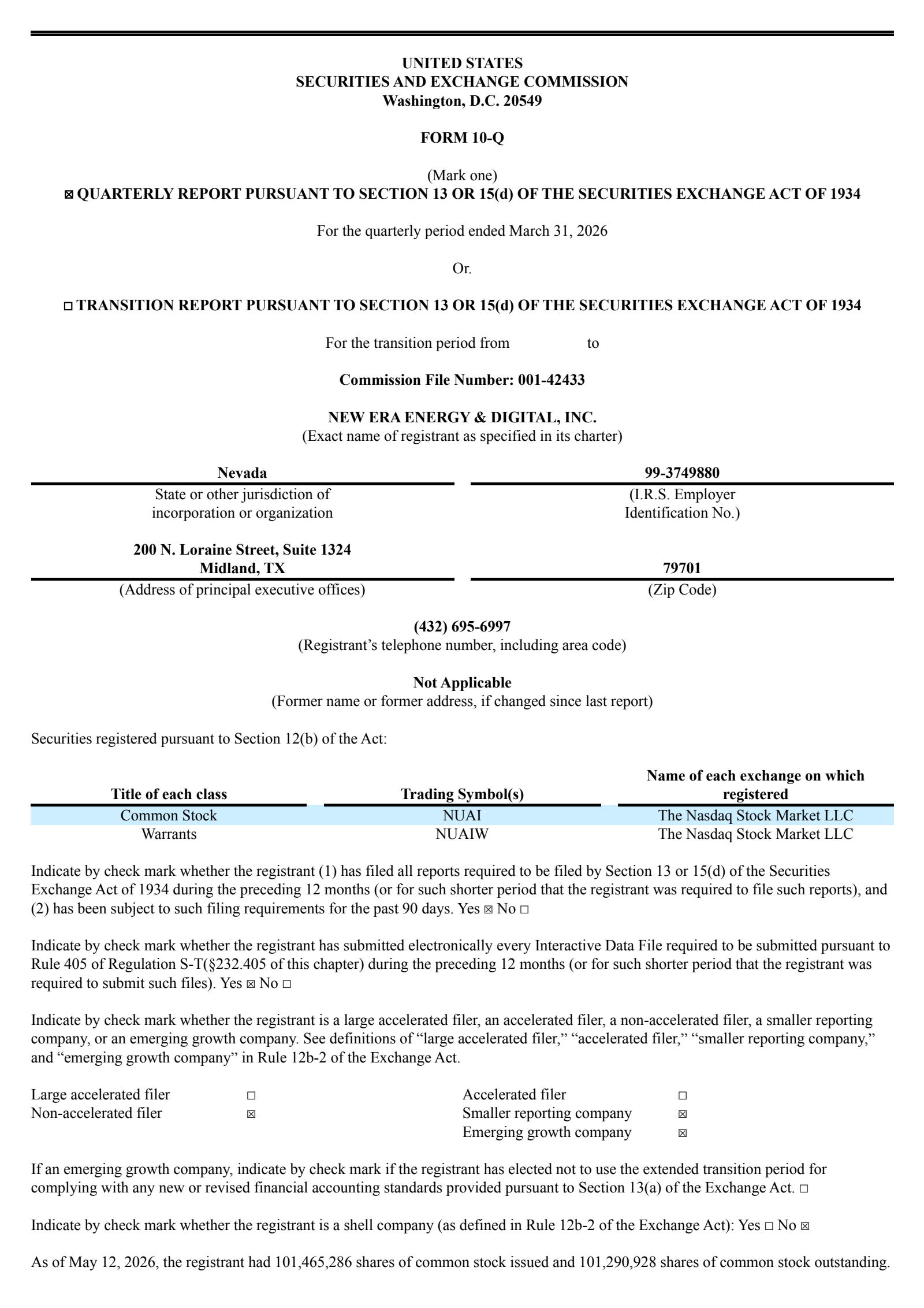 New Era Energy & Digital's Q1 2026 Quarterly report