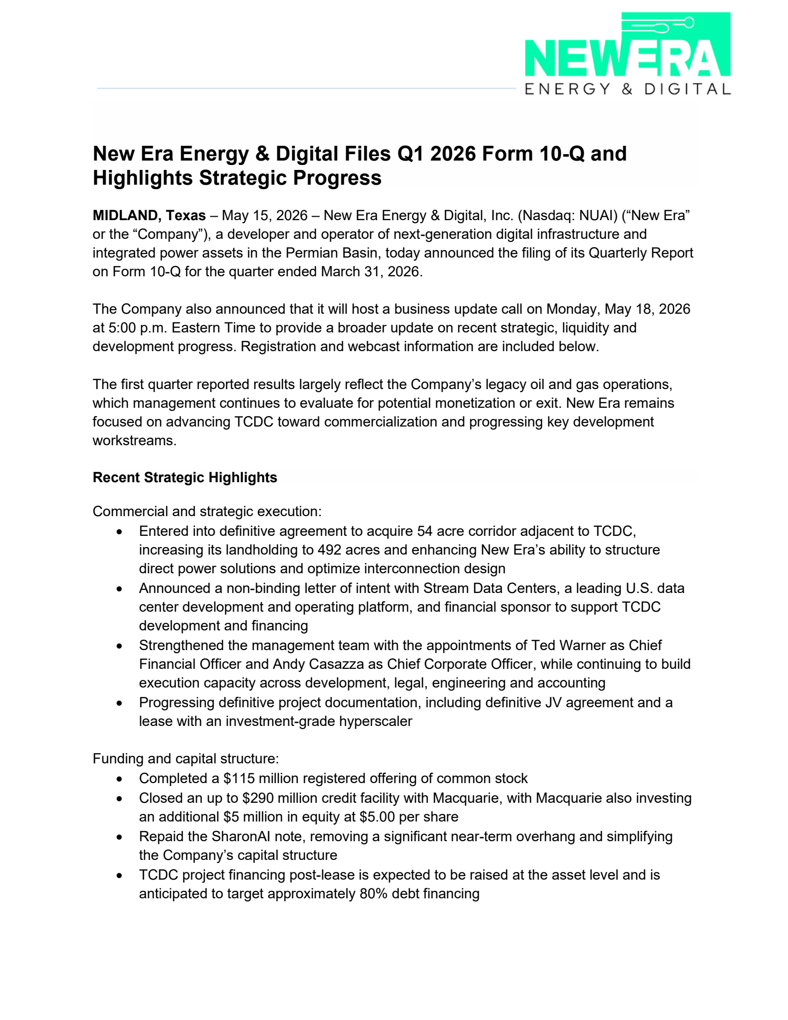 New Era Energy & Digital's Q1 2026 Press Release