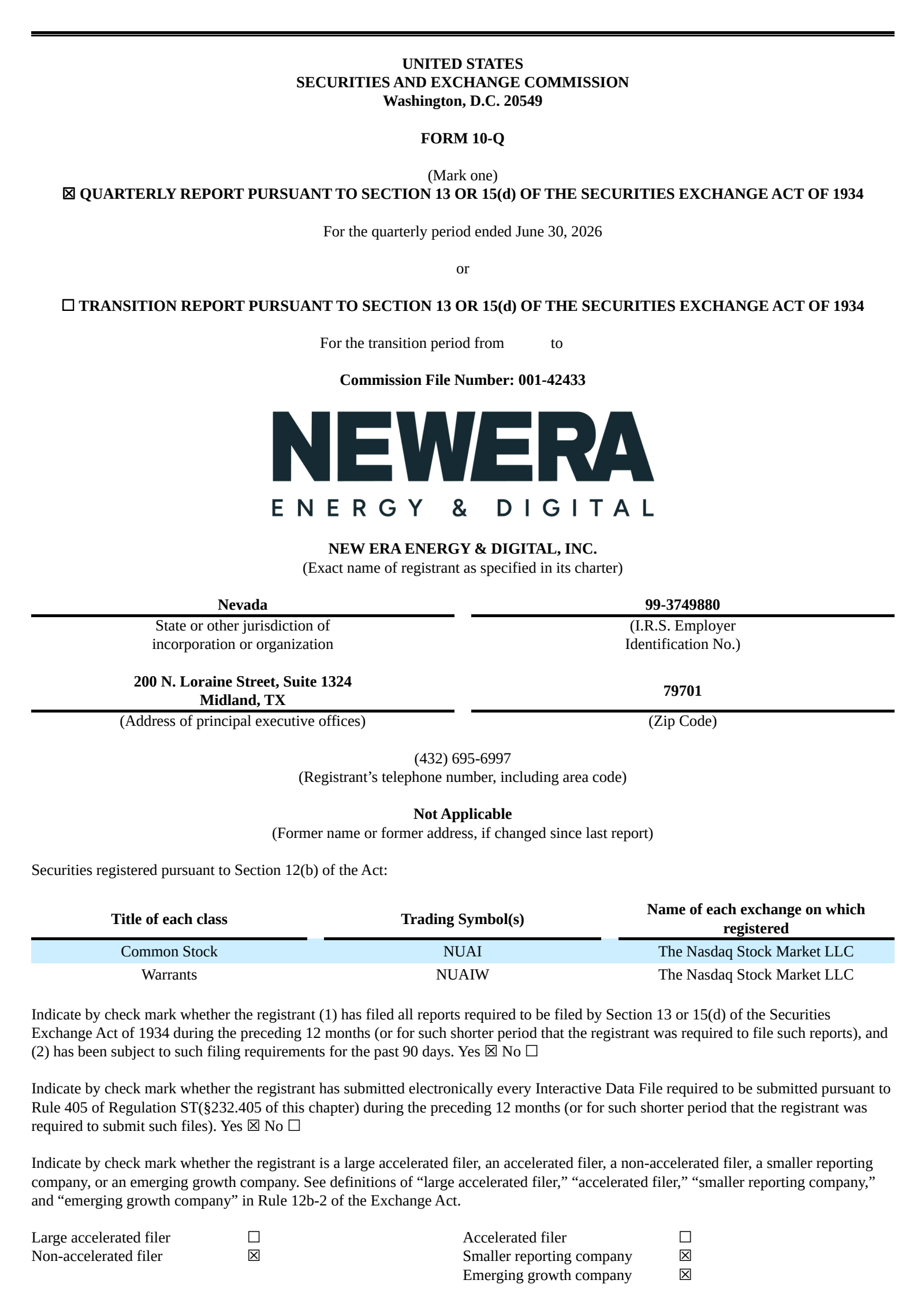 New Era Energy & Digital's Q2 2026 Quarterly report