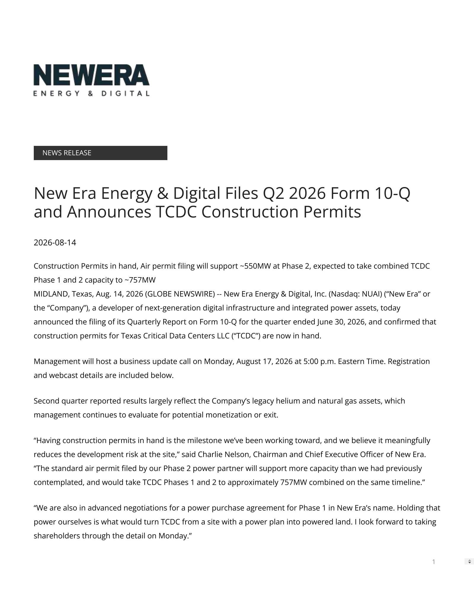 New Era Energy & Digital's Q2 2026 Press Release