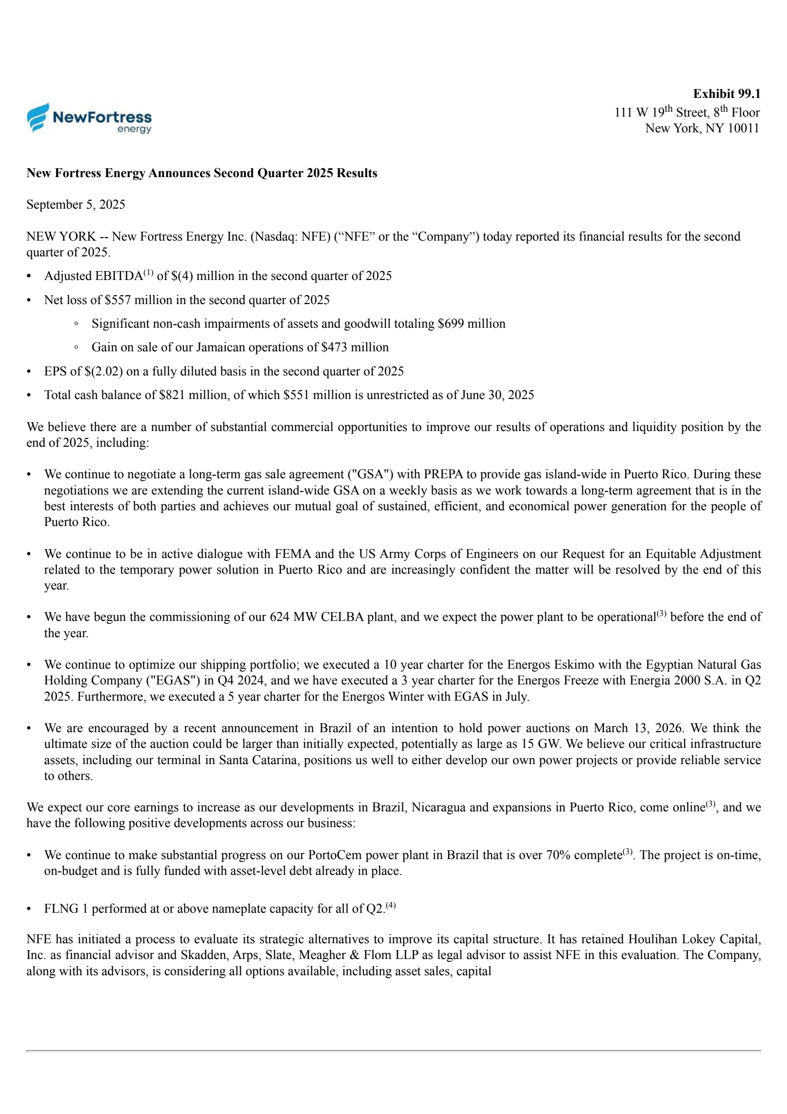 New Fortress Energy's Q2 2025 Press Release