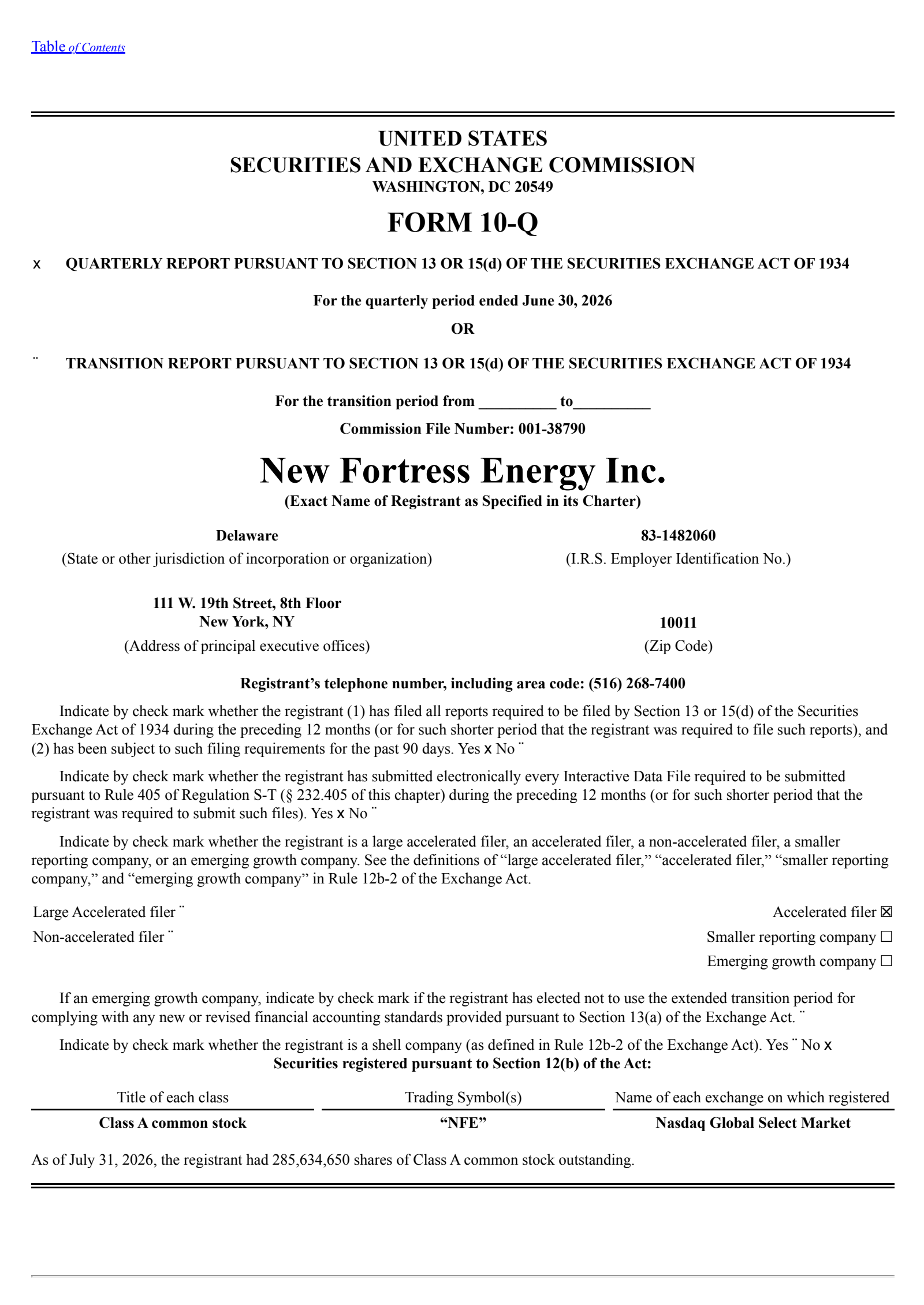 New Fortress Energy's Q2 2026 Quarterly report