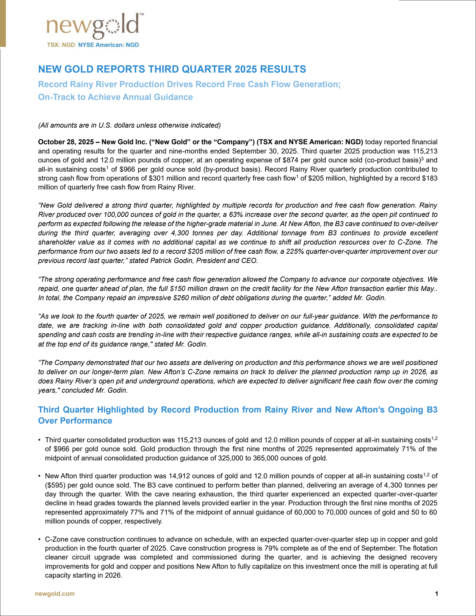 New Gold's Q3 2025 Earnings Release