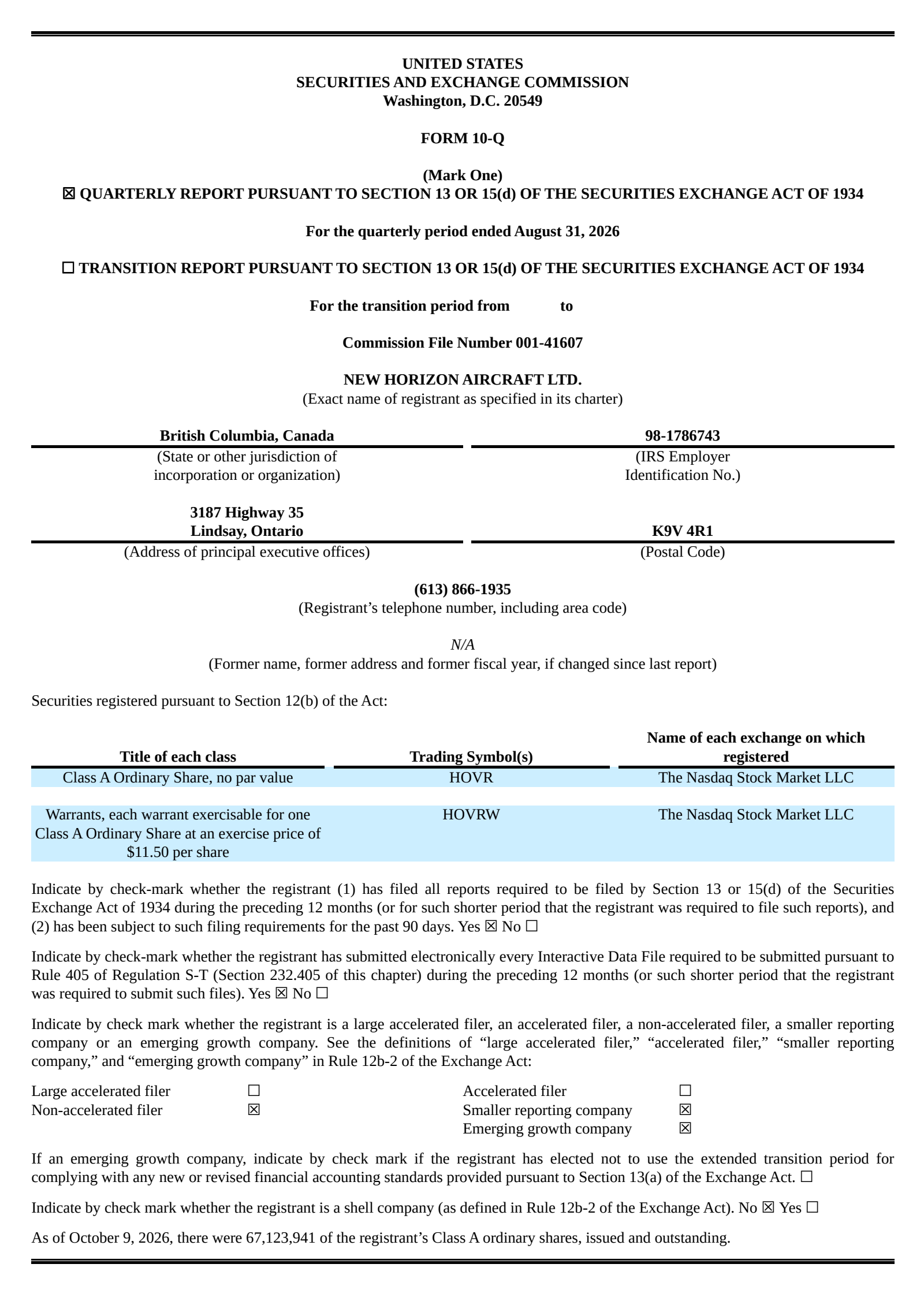 New Horizon Aircraft (HOVR) Q1 2027 Earnings Results & Call Transcript