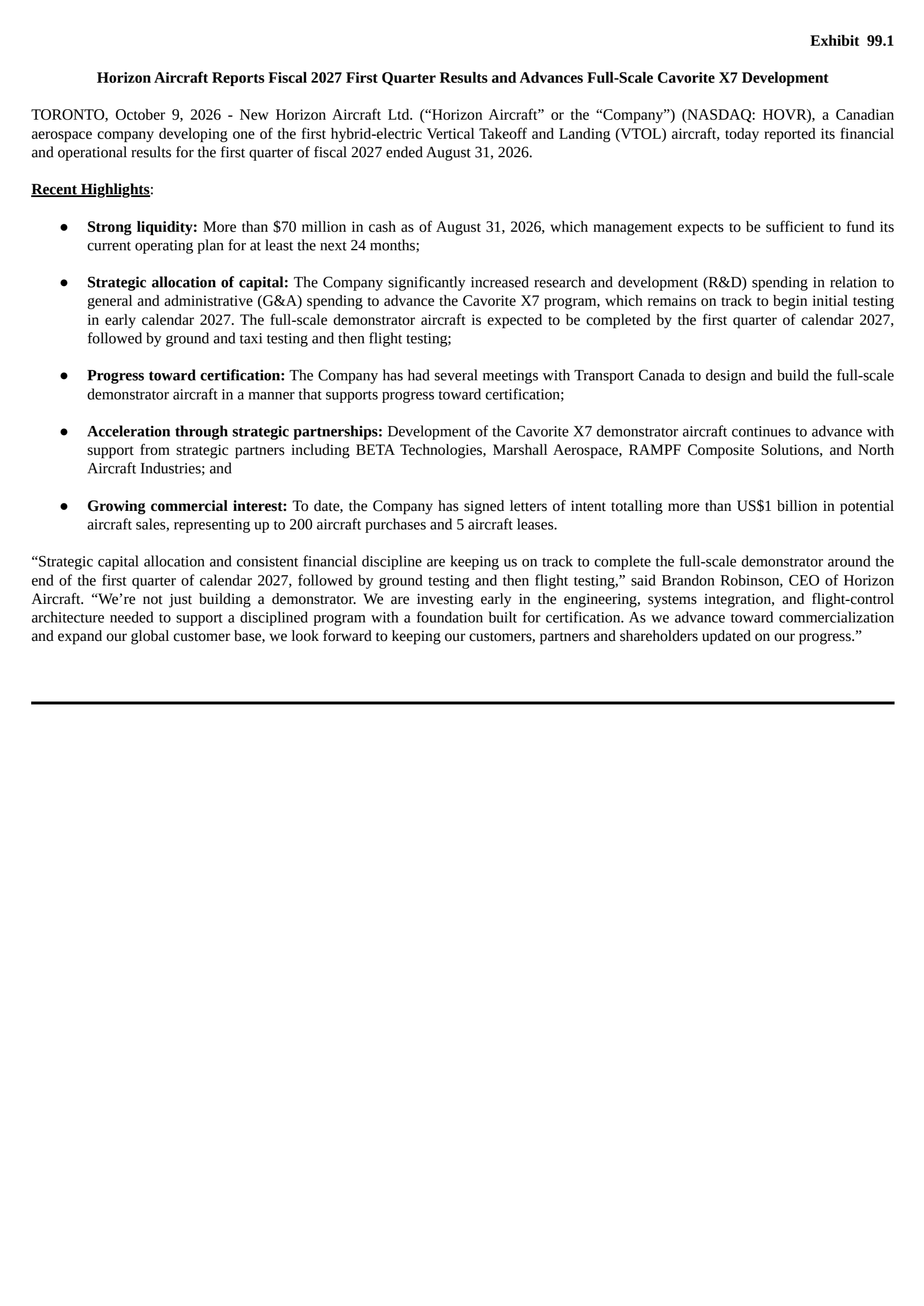 New Horizon Aircraft (HOVR) Q1 2027 Earnings Results & Call Transcript