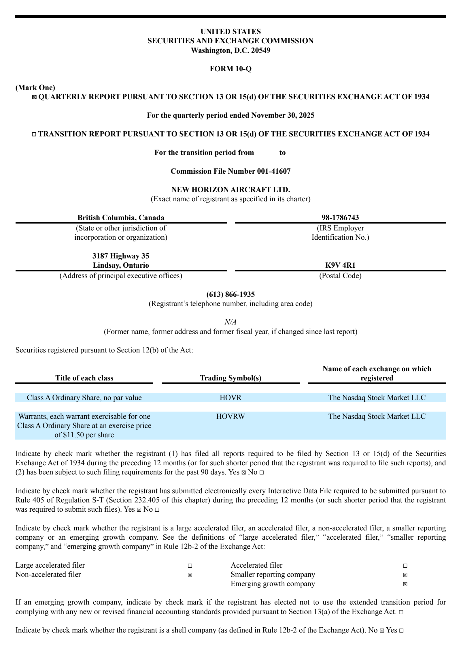 New Horizon Aircraft's Q2 2026 Quarterly report
