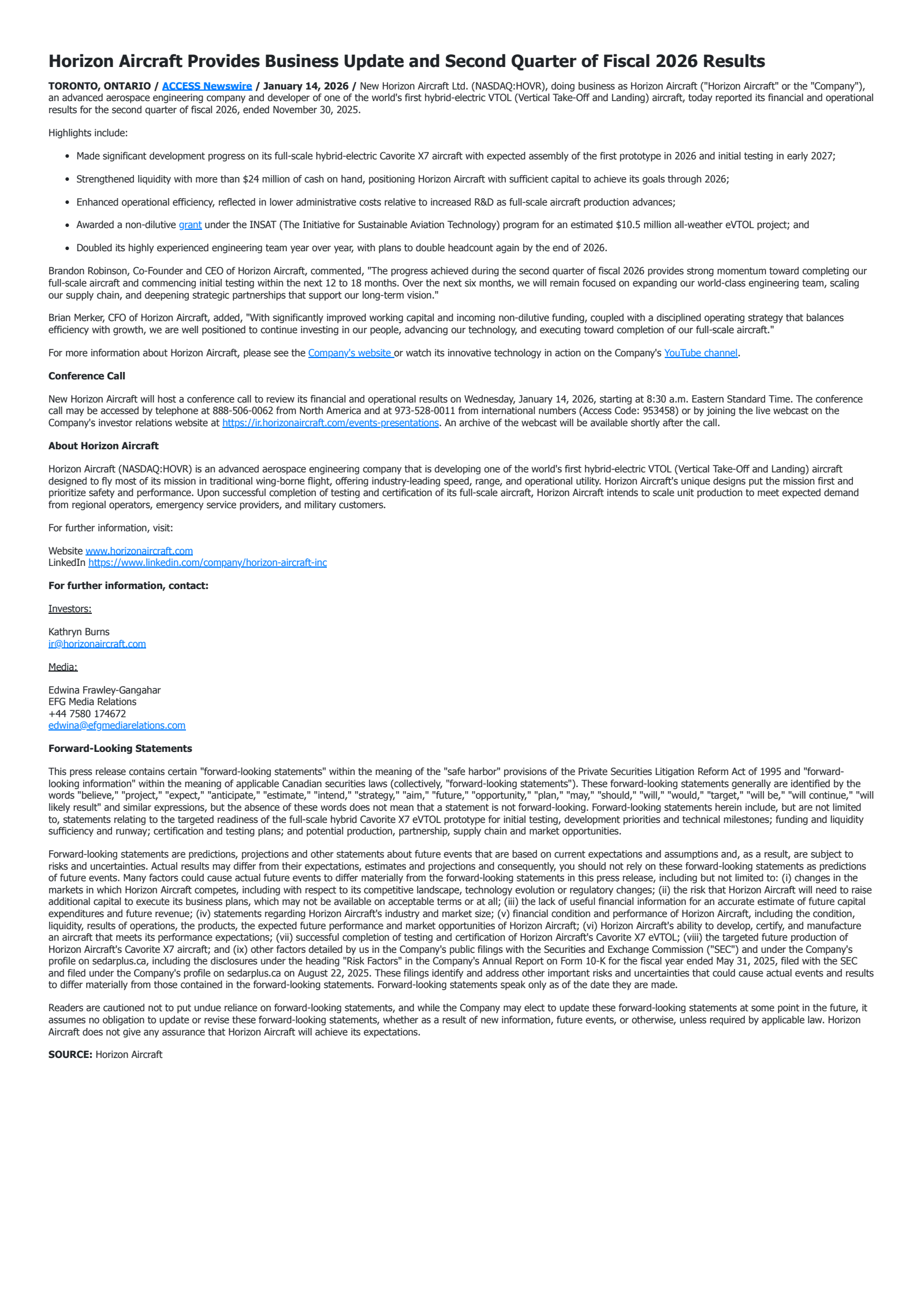 New Horizon Aircraft's Q2 2026 Press Release