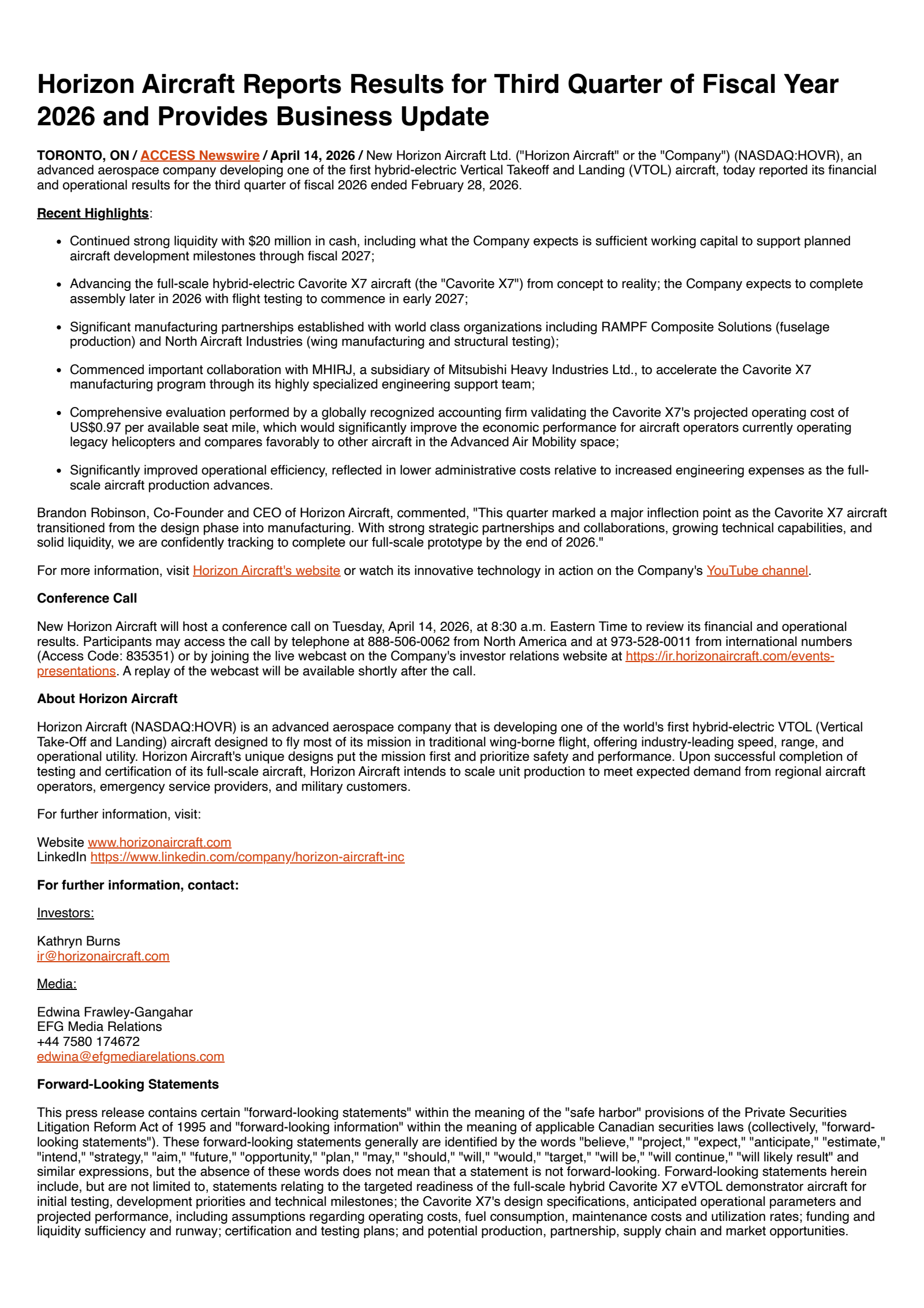 New Horizon Aircraft's Q3 2026 Press Release