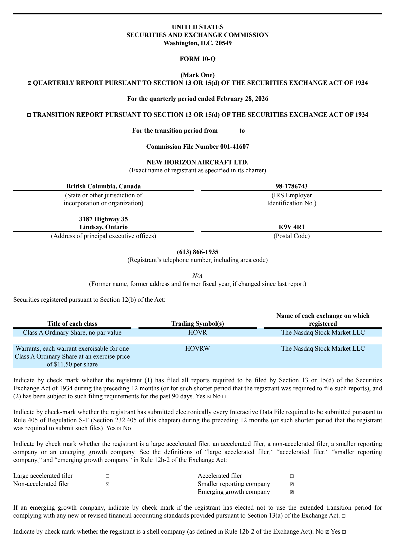 New Horizon Aircraft's Q3 2026 Quarterly report