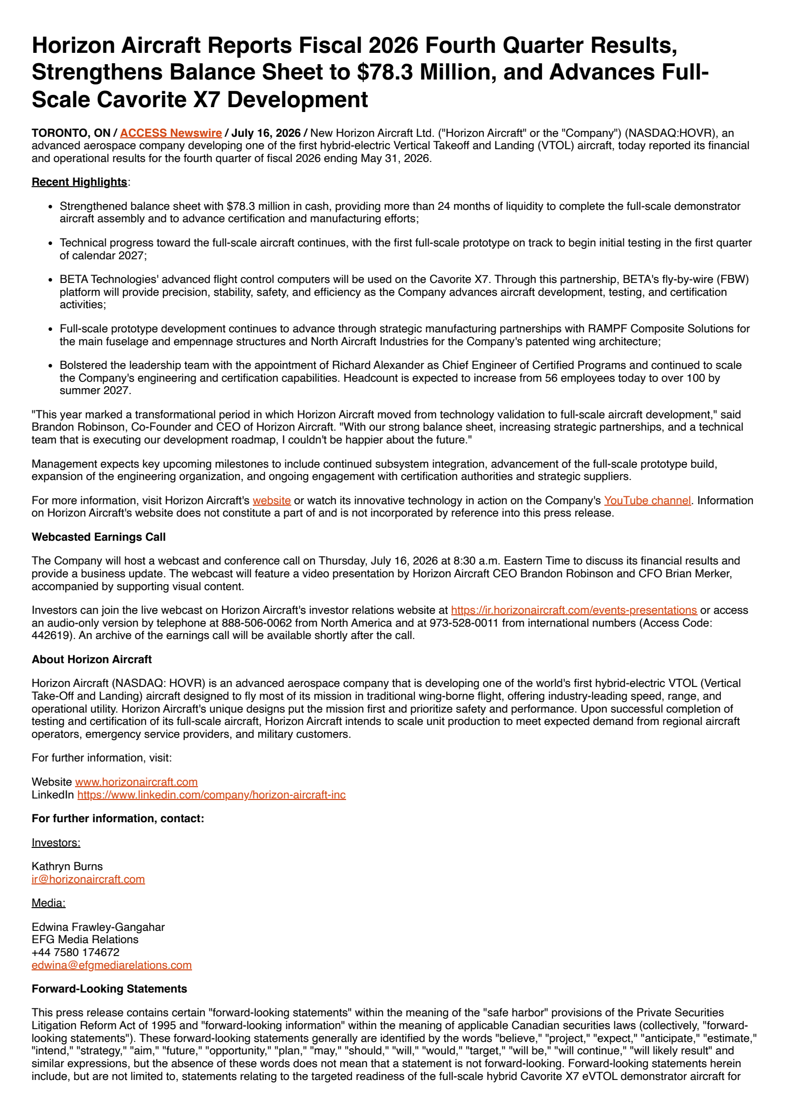 New Horizon Aircraft's Q4 2026 Press Release