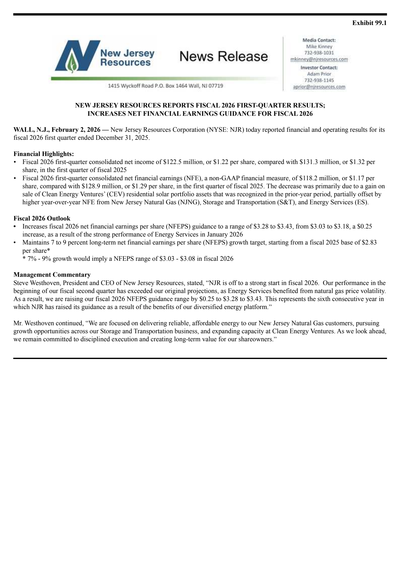 NewJersey Resources' Q1 2026 Press Release