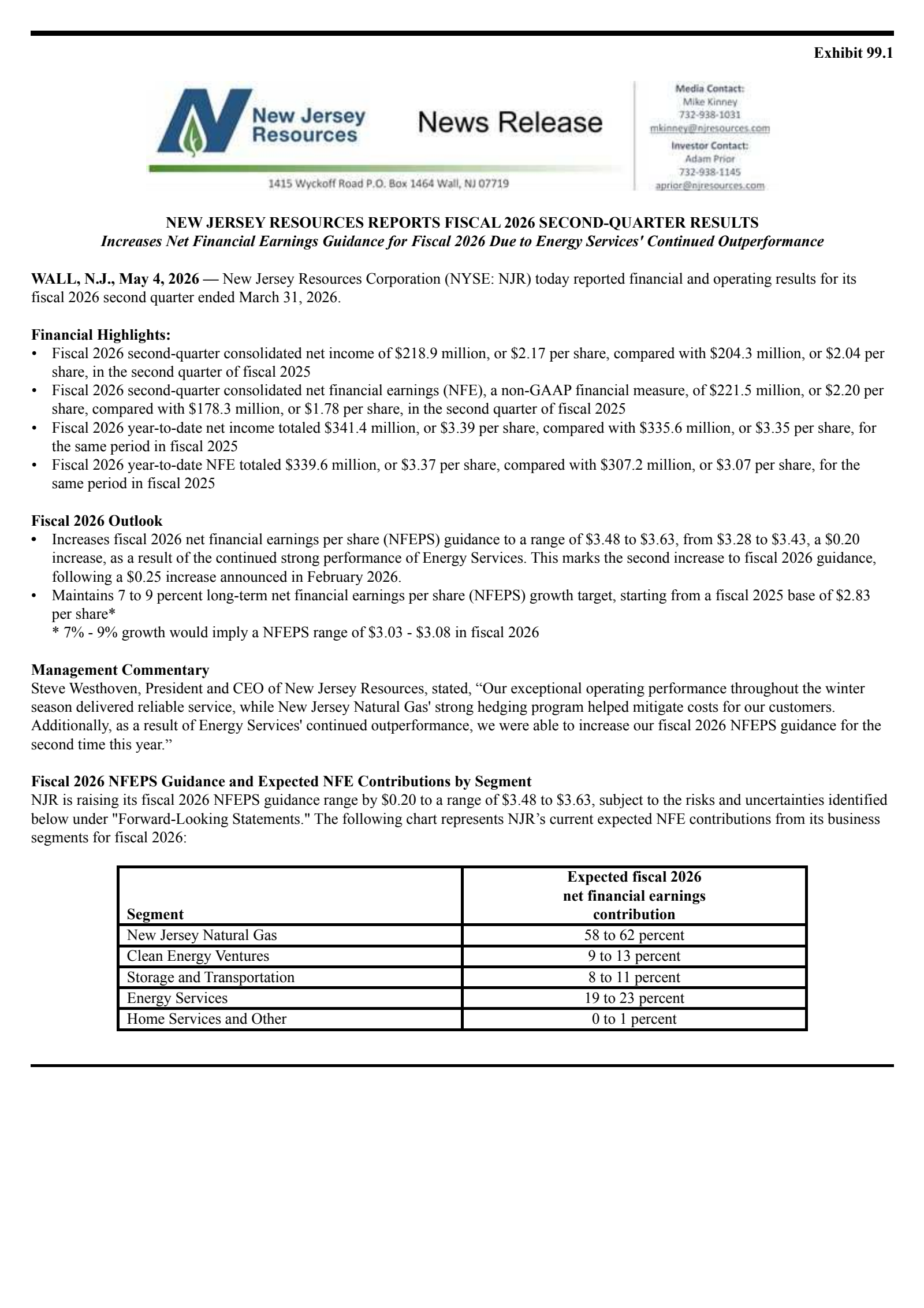 NewJersey Resources' Q2 2026 Press Release