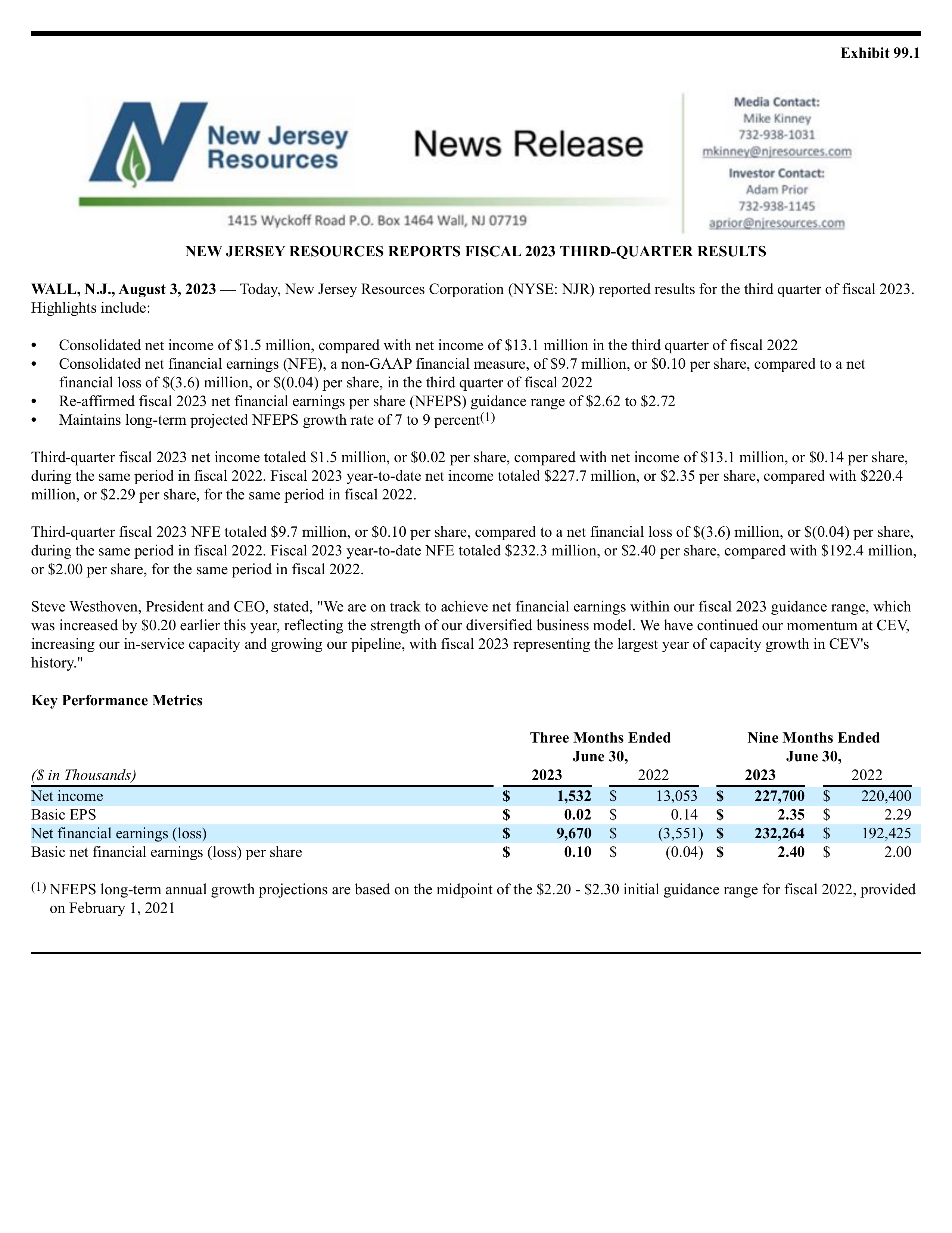 New Jersey Resources' Q3 2023 Press Release