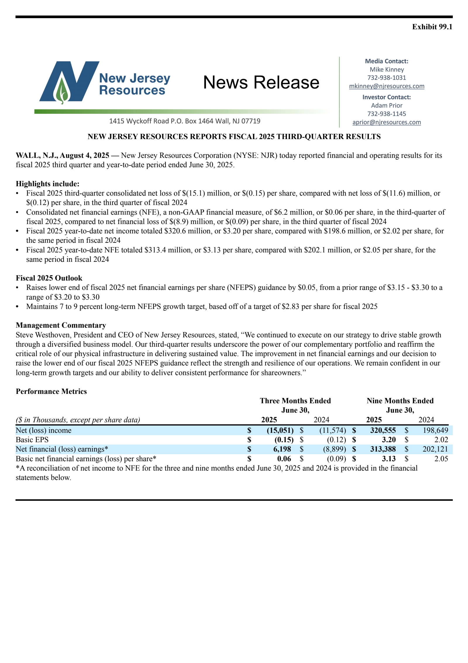 NewJersey Resources' Q3 2025 Press Release
