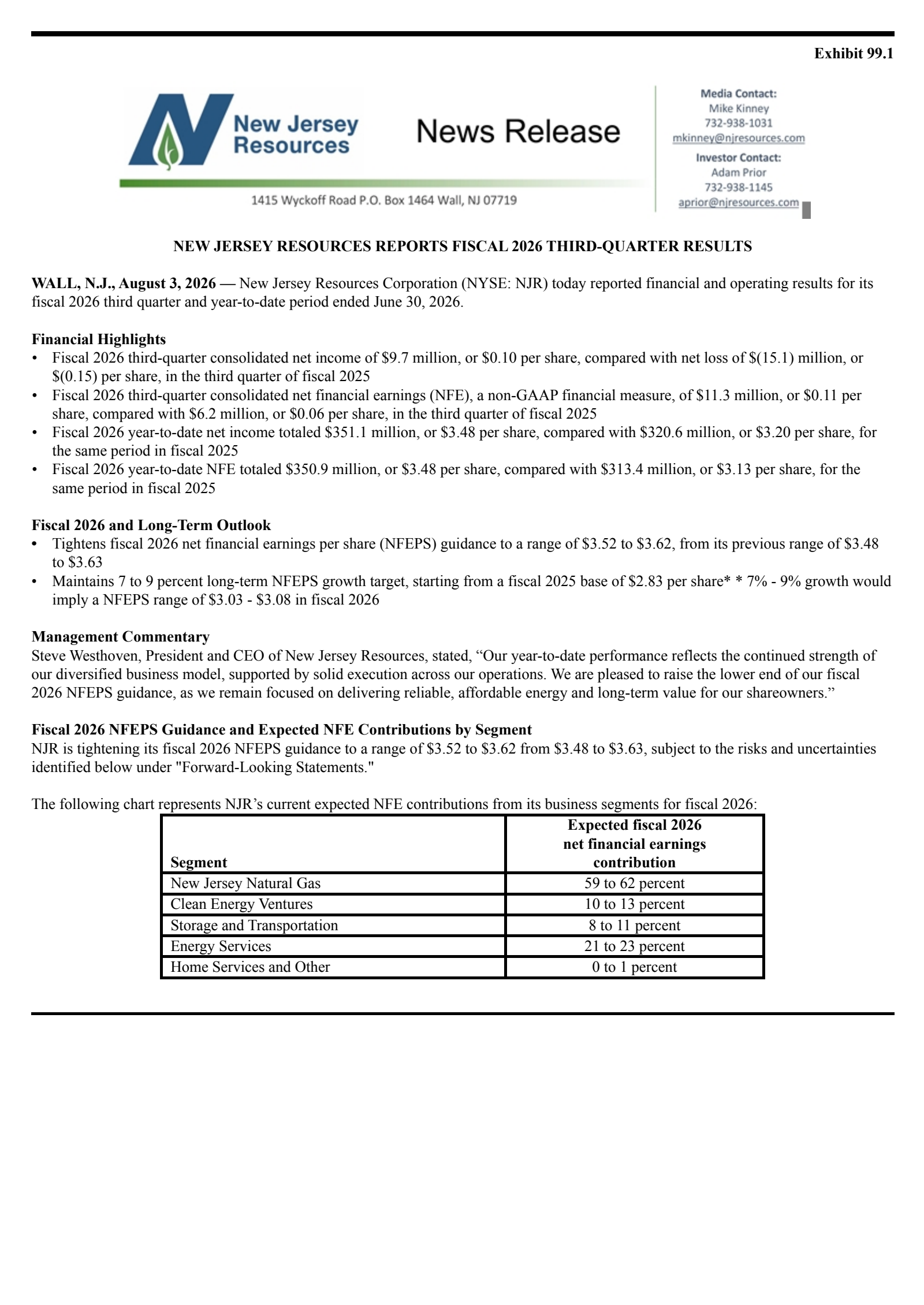 NewJersey Resources' Q3 2026 Press Release