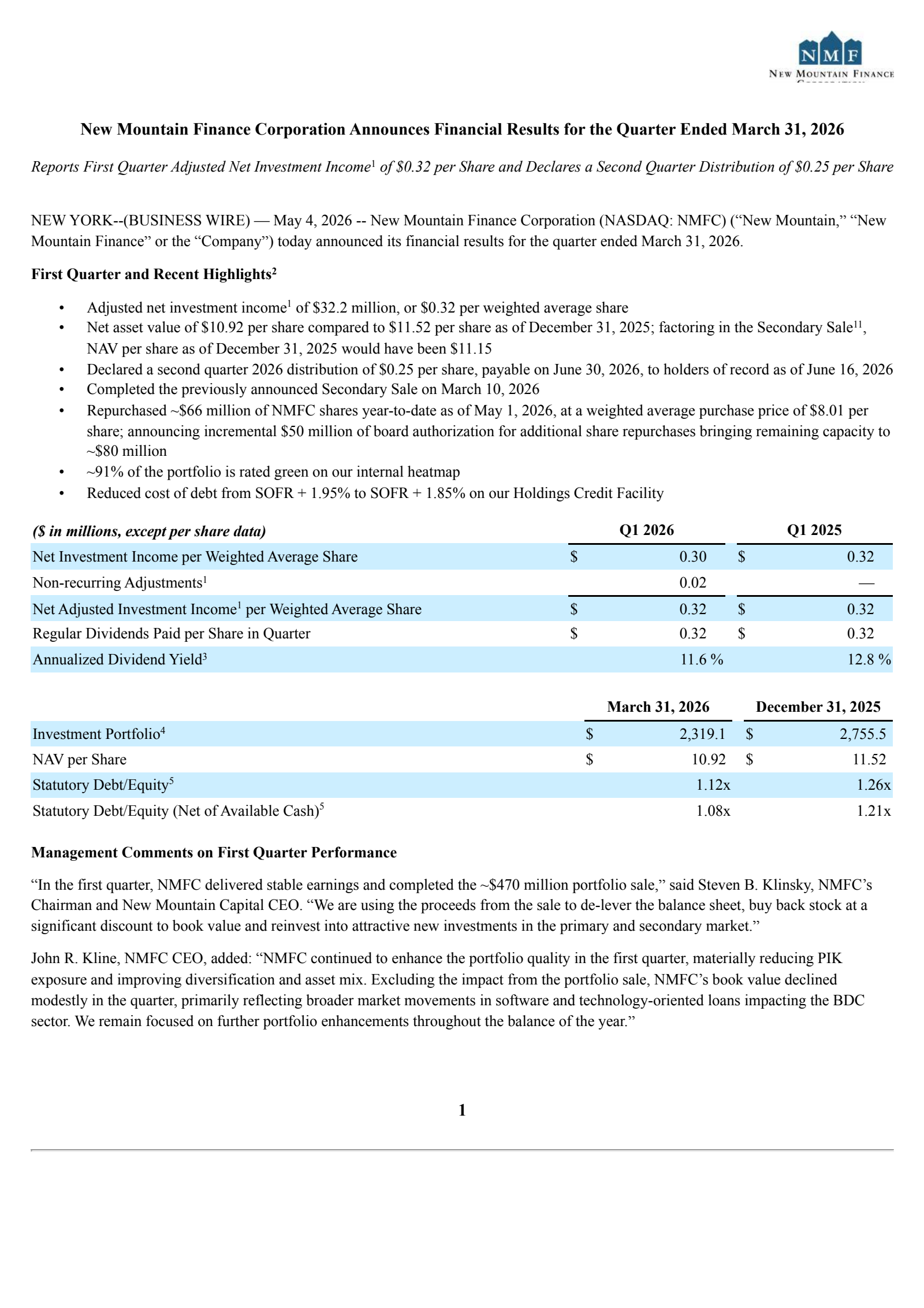 New Mountain Finance's Q1 2026 Press Release