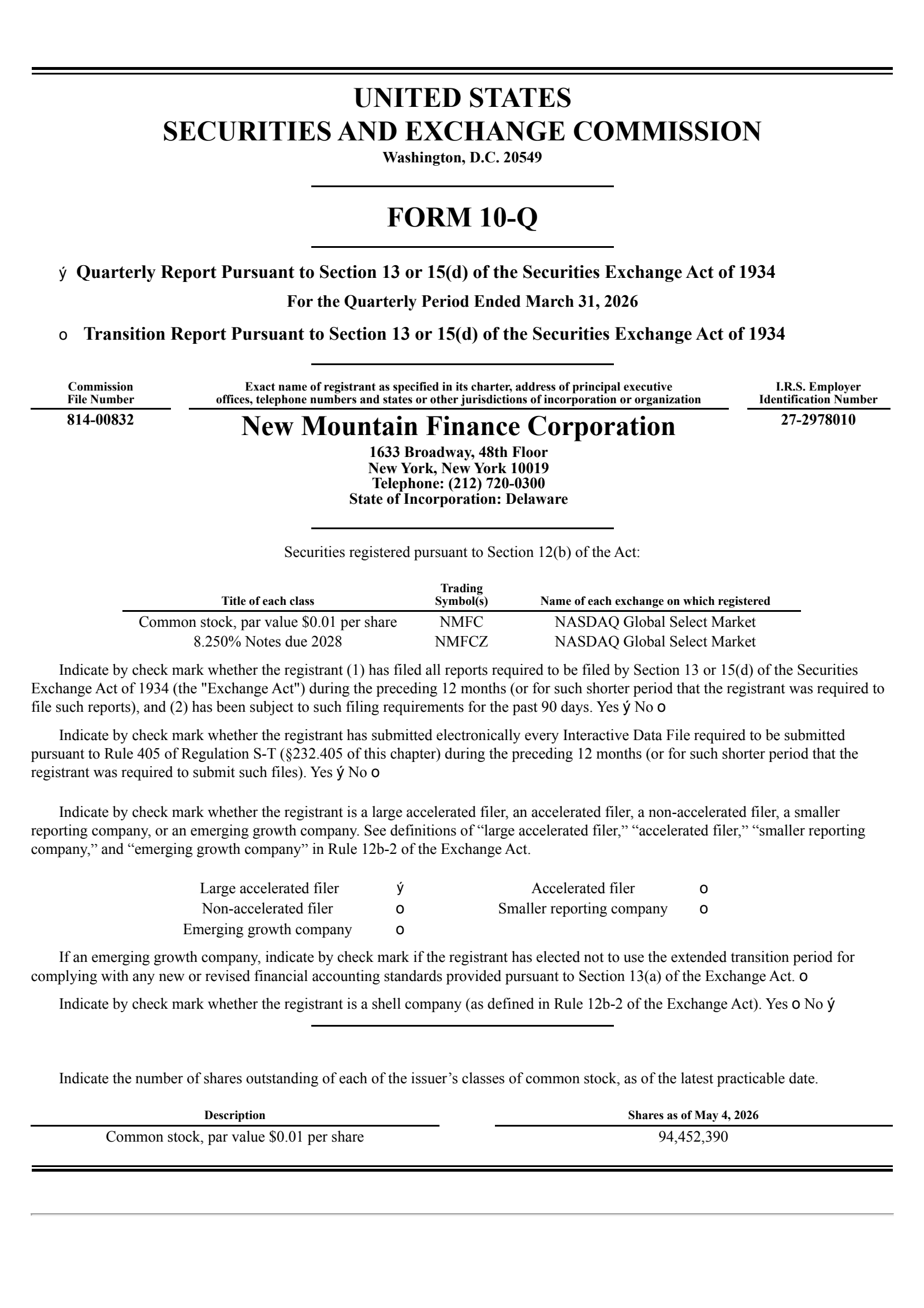 New Mountain Finance's Q1 2026 Quarterly report