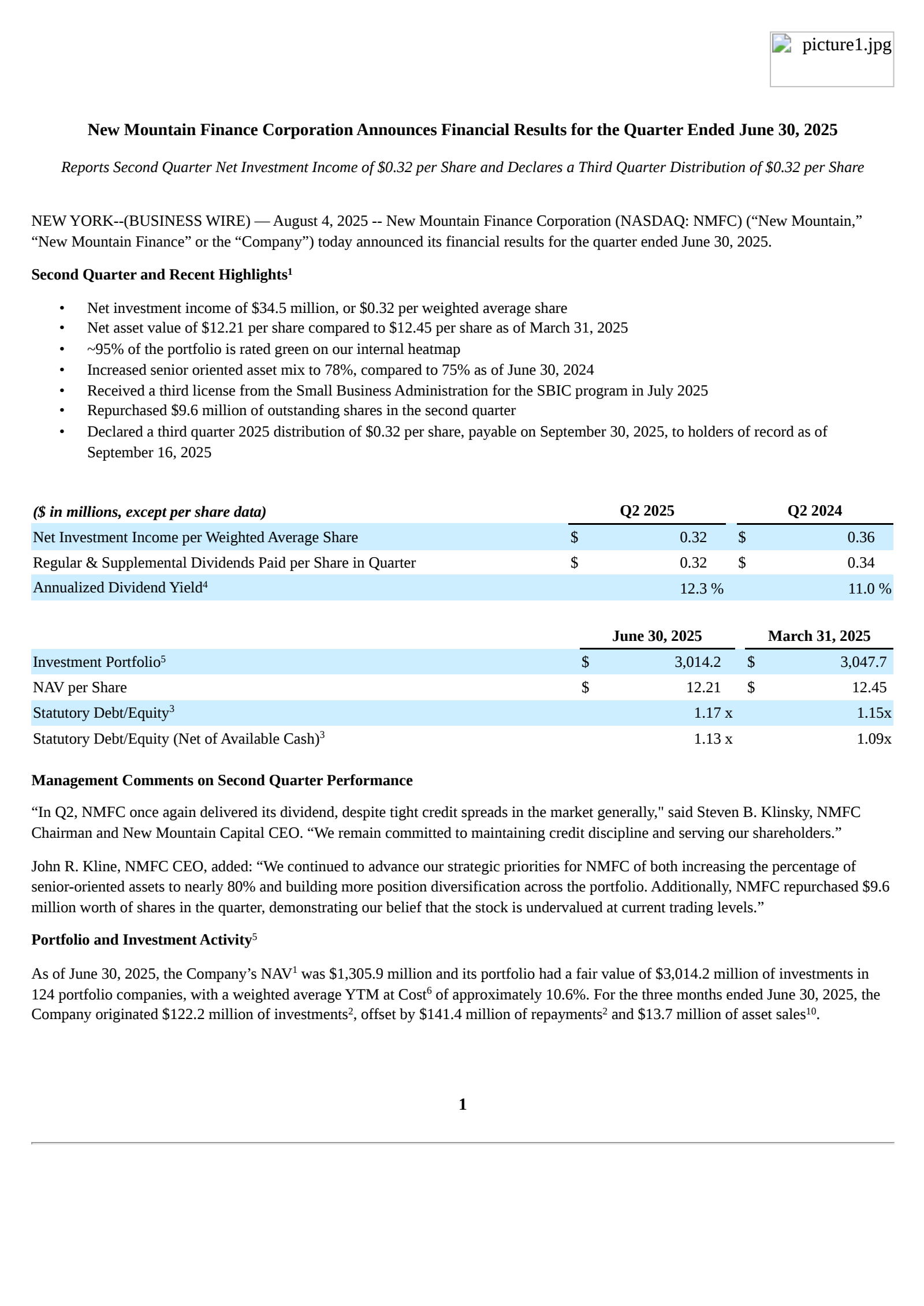 New Mountain Finance's Q2 2025 Press Release