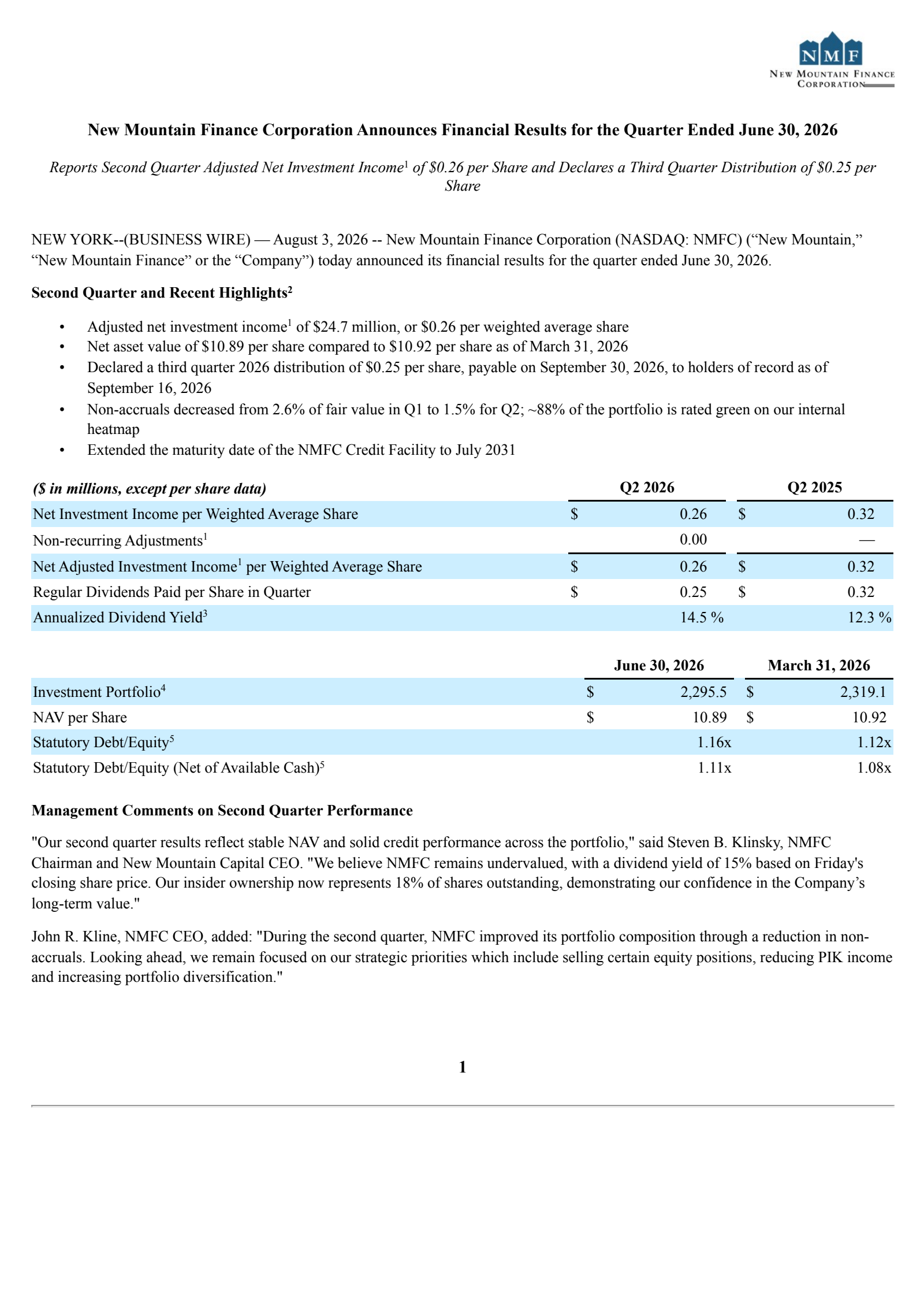 New Mountain Finance's Q2 2026 Press Release