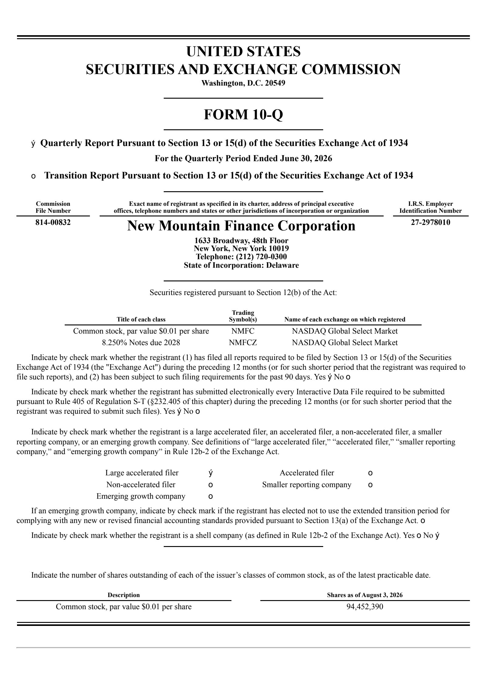 New Mountain Finance's Q2 2026 Quarterly report