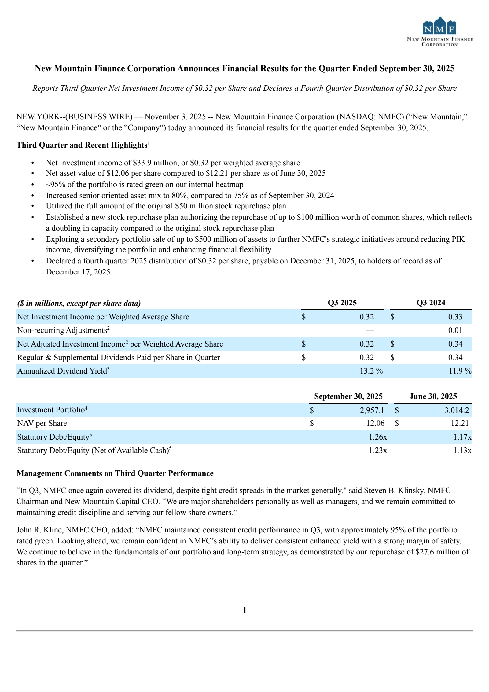 New Mountain Finance's Q3 2025 Earnings Release