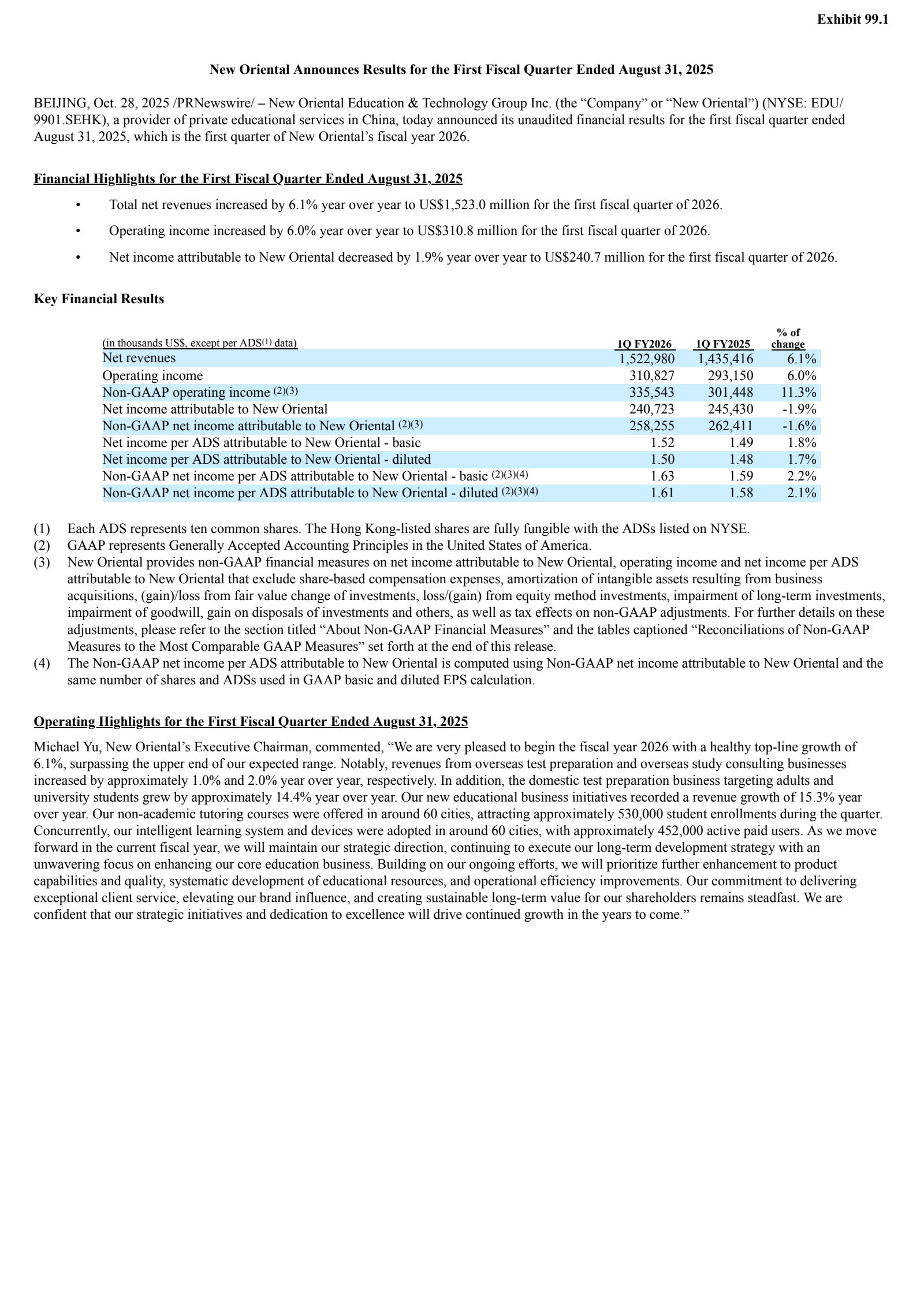 New Oriental Education & Technology Group's Q1 2026 Earnings Release