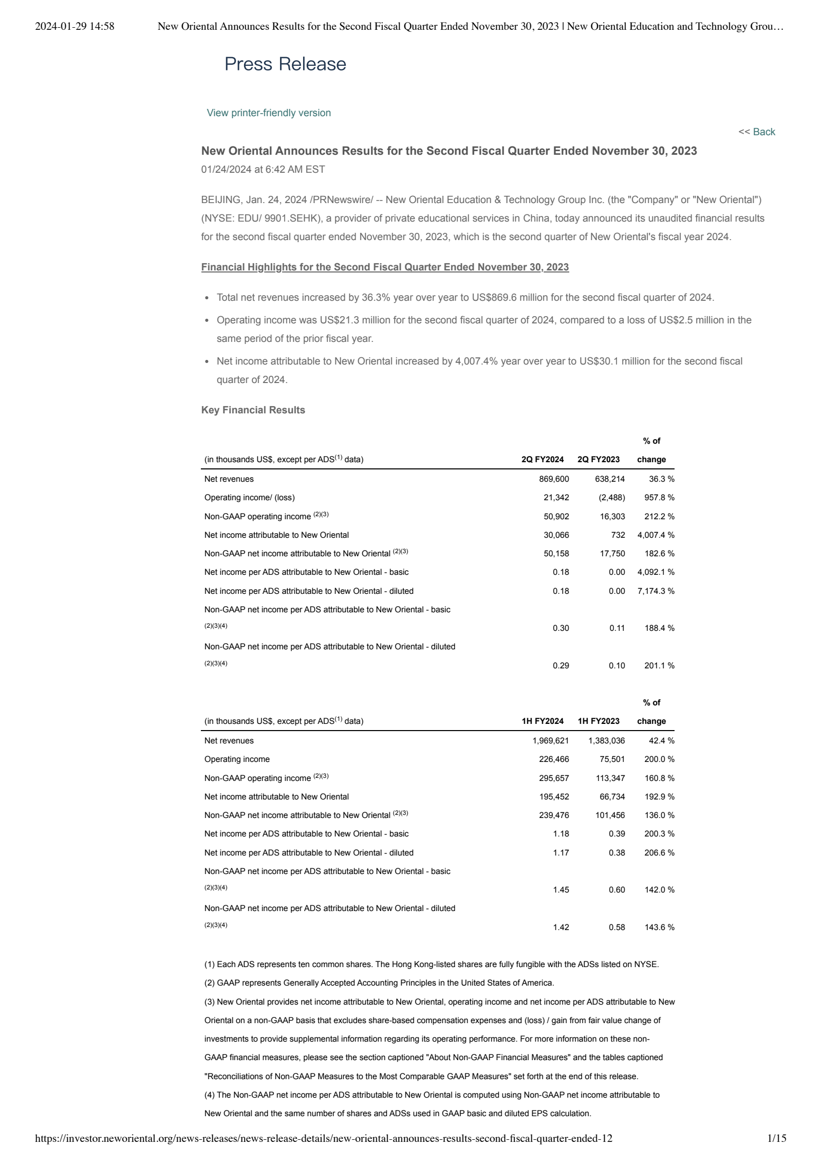New Oriental Education & Technology Group's Q2 2024 Press Release