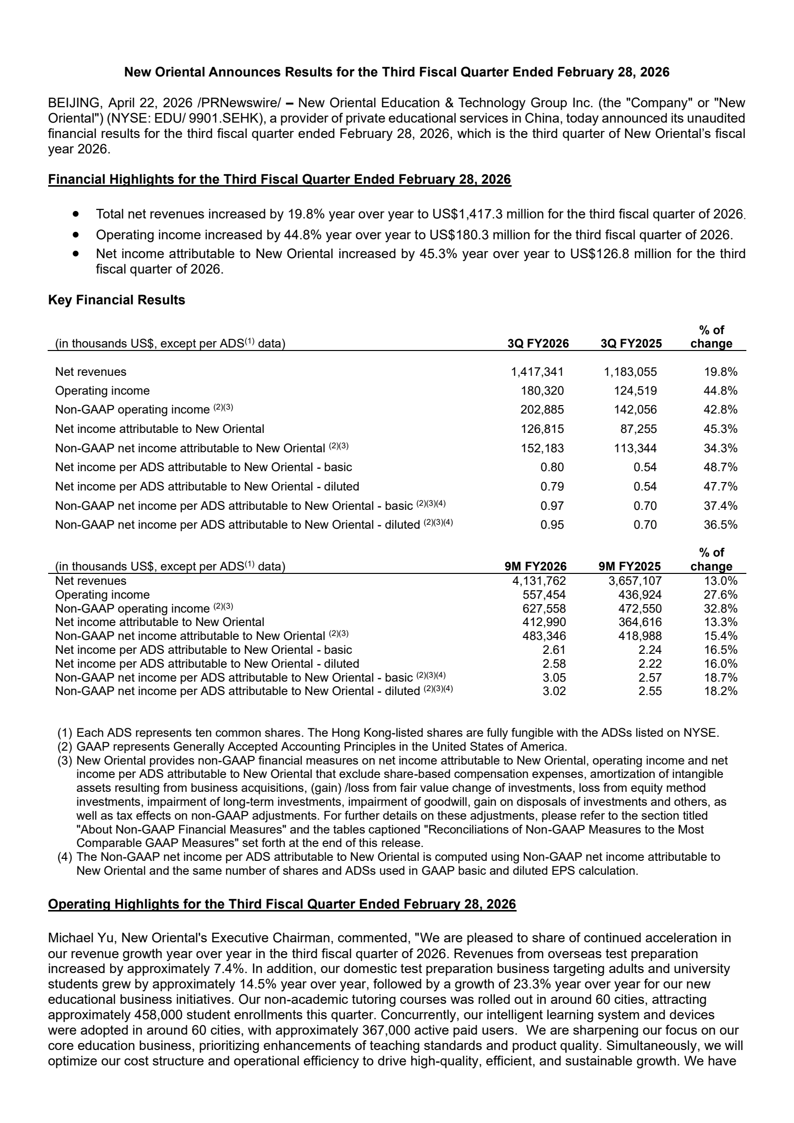 New Oriental Education & Technology Group's Q3 2026 Press Release