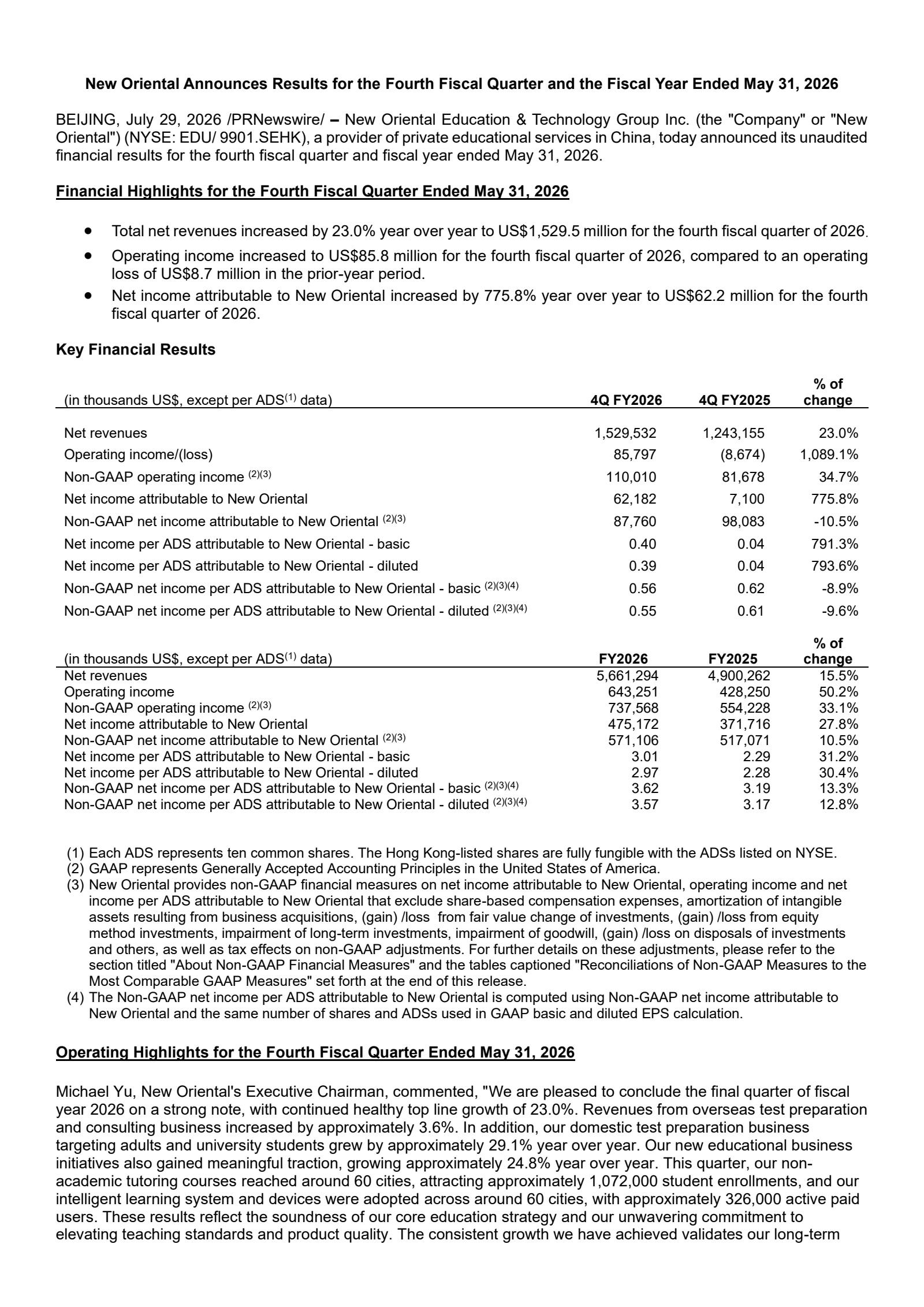 New Oriental Education & Technology Group's Q4 2026 Press Release