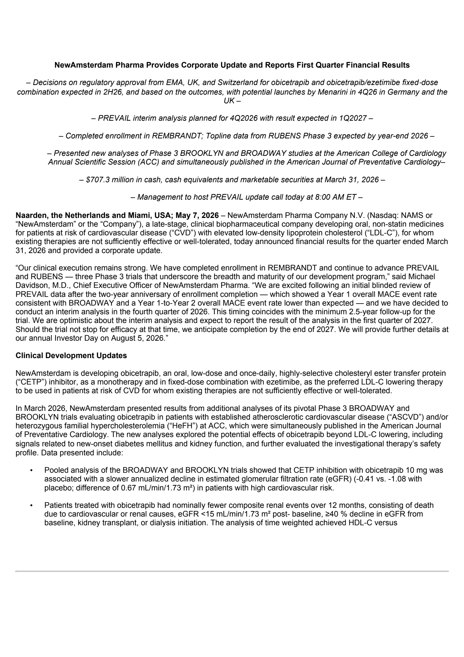 NewAmsterdam Pharma's Q1 2026 Press Release