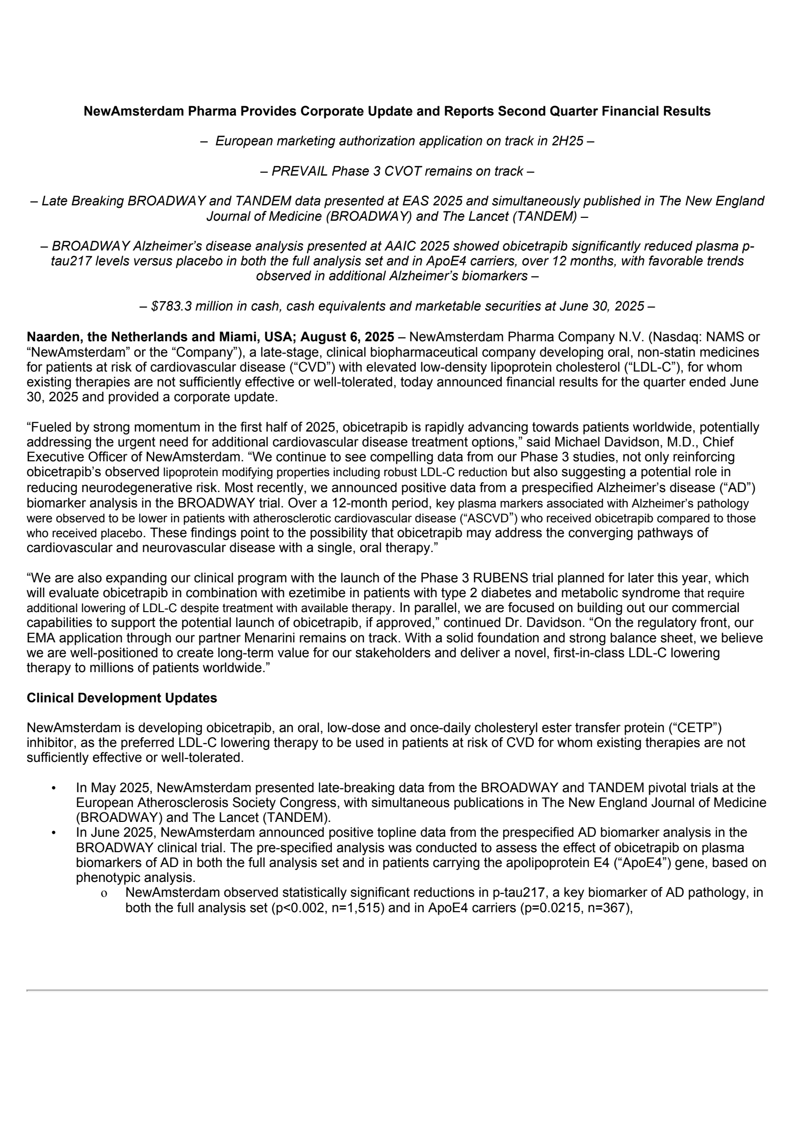 NewAmsterdam Pharma's Q2 2025 Press Release