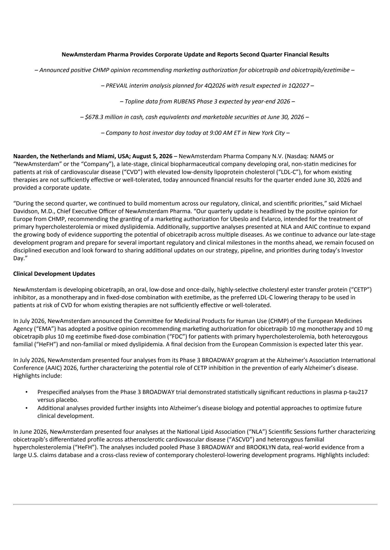 NewAmsterdam Pharma's Q2 2026 Press Release
