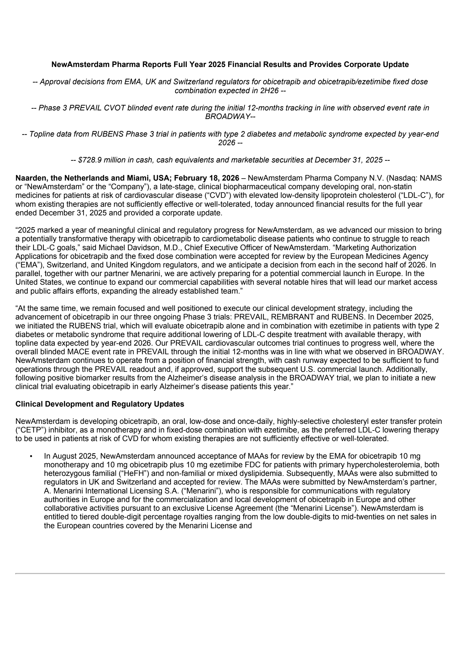 NewAmsterdam Pharma's Q4 2025 Press Release